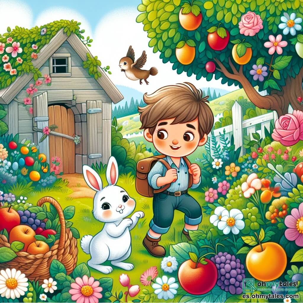 Une illustration destinée aux enfants représentant un garçon curieux et intrépide, accompagné d'un petit lapin parlant, explorant un jardin enchanté rempli de fleurs colorées, arbres fruitiers et un vieux cobertizo mystérieux lors d'une matinée de Pâques ensoleillée.