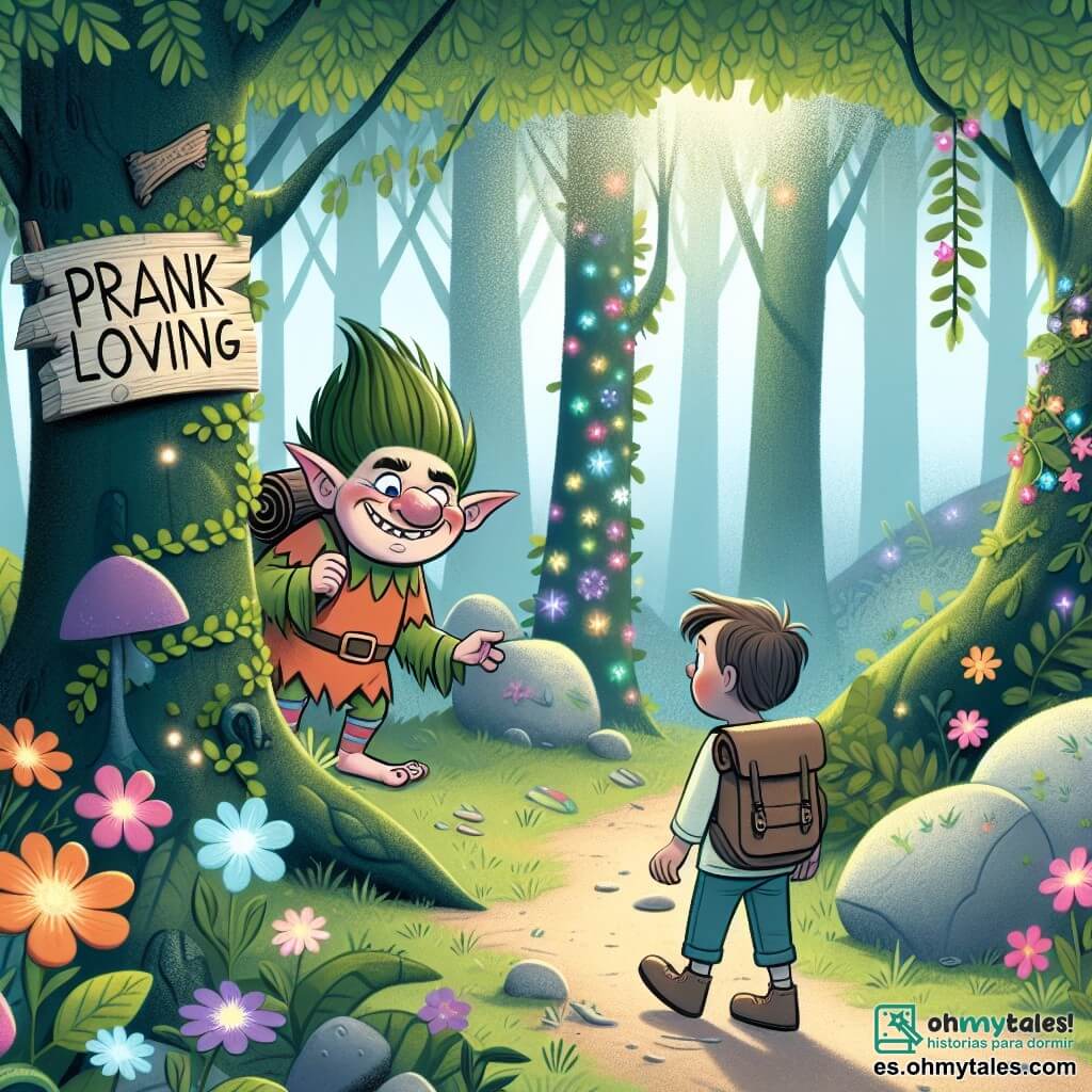 Une illustration destinée aux enfants représentant un troll farceur rencontrant un jeune explorateur intrépide dans un bosque encantado, où les arbres susurrant des histoires au vent et les fleurs brillant avec des couleurs magiques.