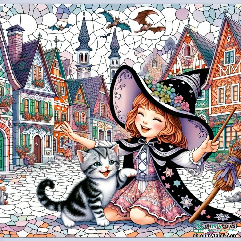 Une illustration destinée aux enfants représentant une jeune sorcière espiègle, un chaton curieux, et un village enchanté aux maisons colorées et aux rues pavées étroites où se déroulent des événements magiques et plein de rires.