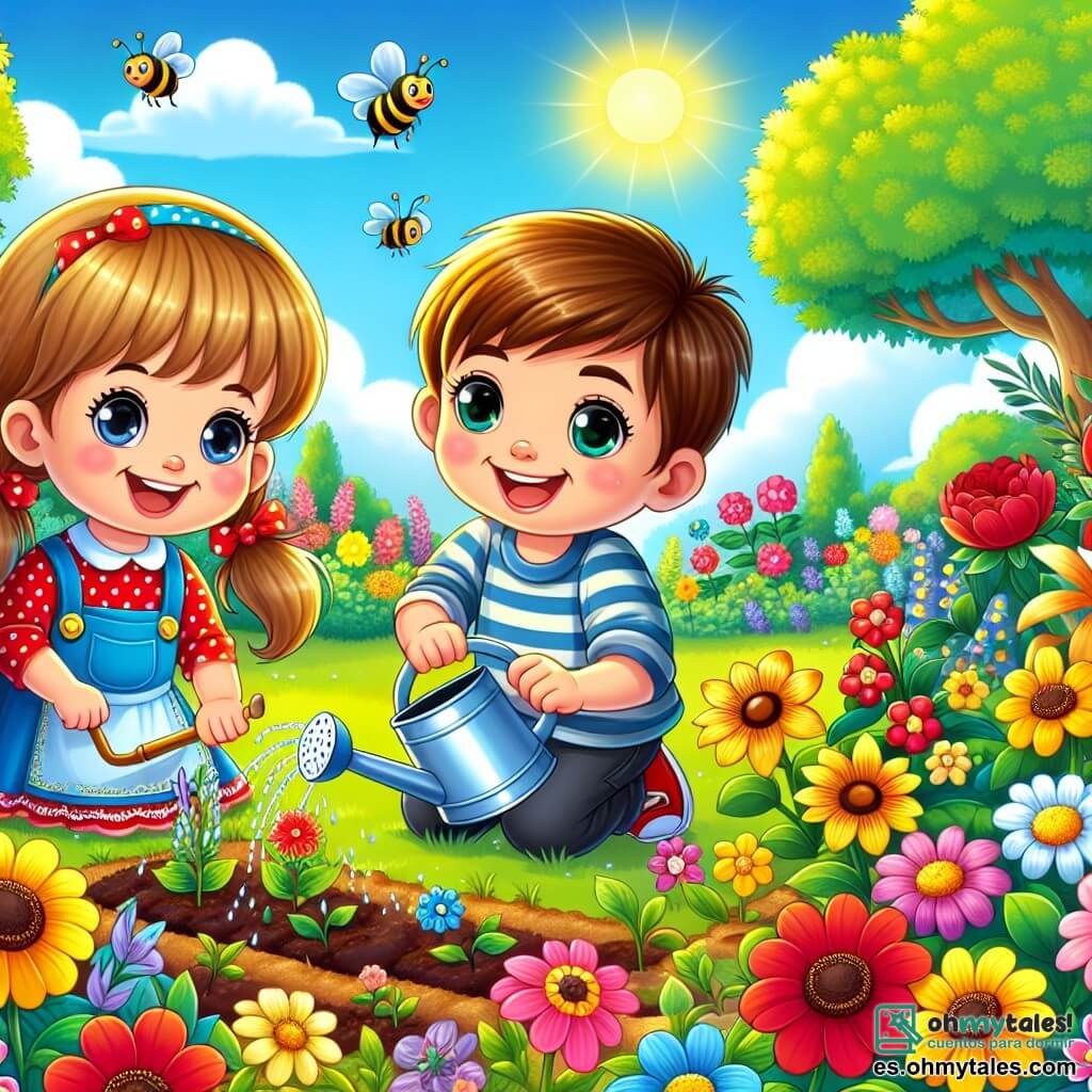 Ilustración que representa un jardín en plena floración en primavera, lleno de flores coloridas en tonos vivos de rojo, amarillo y azul. En el centro, un niño de unos 6 años, con cabello castaño y ojos brillantes, riega las flores con una pequeña regadera. A su lado, una niña de 7 años, con cabello rubio recogido en dos coletas y una sonrisa radiante, utiliza una pequeña pala para plantar semillas en la tierra. El sol brilla en un cielo azul claro, y las abejas zumban alegremente alrededor de las flores. Al fondo, se pueden ver árboles verdes y un pequeño camino de grava que serpentea por el jardín. La atmósfera es alegre y llena de vida, ilustrando un momento de complicidad y amistad entre los dos niños.