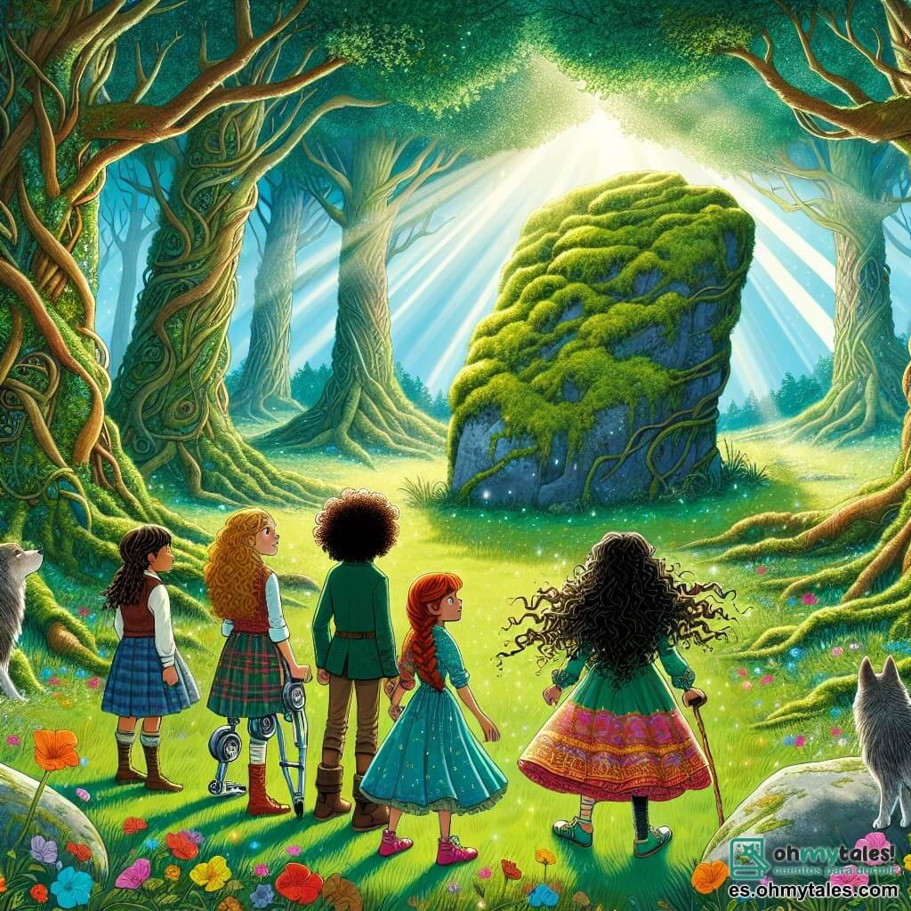 Ilustración que representa un claro encantado en el corazón de un denso y misterioso bosque. Los árboles majestuosos, con troncos gruesos y retorcidos, se elevan hacia un cielo azul, mientras que los rayos de sol filtran a través de las hojas, creando patrones de luz en la hierba verde. En el centro, una gran roca cubierta de musgo esmeralda brilla suavemente, rodeada de flores coloridas que bailan al viento. En esta escena, cuatro chicas de unos diez años están juntas. Una de ellas, con cabello rizado y mirada decidida, lleva un vestido colorido y parece lista para hablar. A su lado, otra niña, con cabello largo y liso, sostiene un libro antiguo, con ojos llenos de imaginación. La tercera, con una sonrisa radiante y trenzas, observa atentamente, lista para proteger a sus amigas. Por último, la cuarta, con una prótesis en la pierna, muestra una expresión de valentía, sosteniéndose firmemente a las demás. Al fondo, un gran lobo de pelaje gris plateado y ojos amarillos brillantes las observa con curiosidad, con una expresión majestuosa y amistosa. La tensión del encuentro es palpable, pero la atmósfera está impregnada de magia y promesa de aventura. Sombras bailan a su alrededor, evocando los miedos a superar, mientras que rayos de luz iluminan el camino hacia la amistad y el valor.