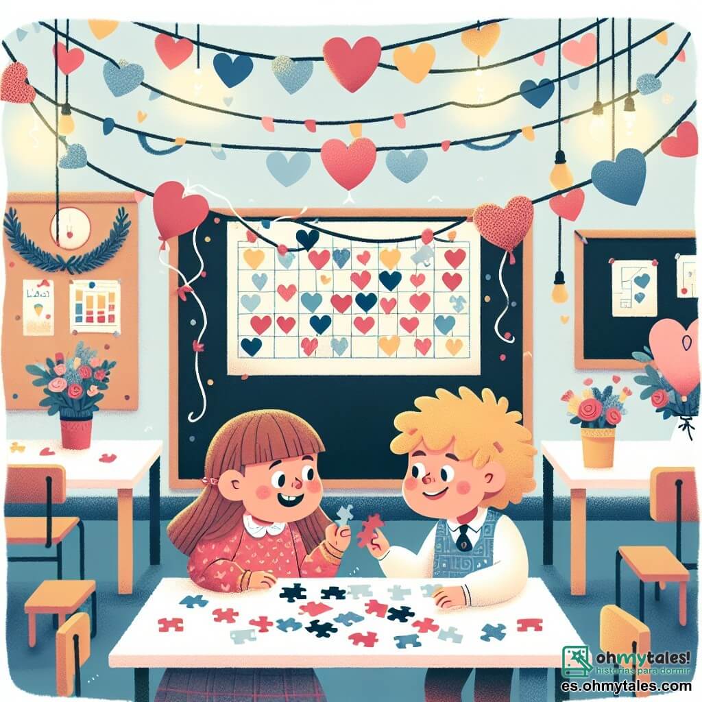 Une illustration destinée aux enfants représentant une fillette curieuse et joyeuse, une énigme à résoudre avec son amie, dans une école décorée de guirlandes de cœurs et de ballons colorés.