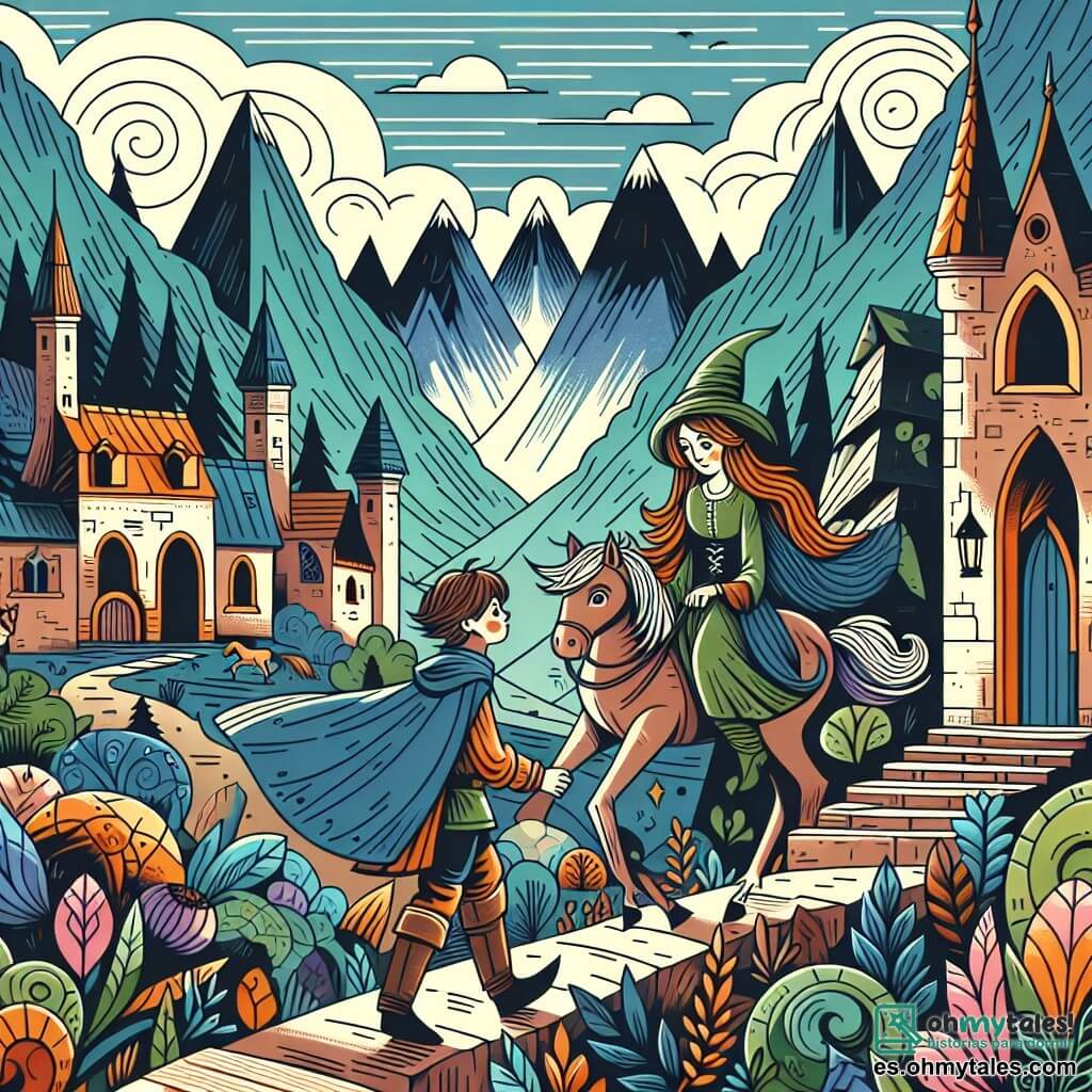 Une illustration destinée aux enfants représentant un jeune apprenti sorcier vivant une aventure magique aux côtés d'une sage sorcière dans un village enchanteur entouré de montagnes majestueuses et de forêts mystérieuses.