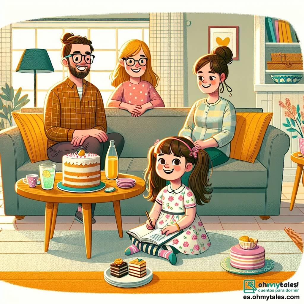 Ilustración que representa una escena cálida en una sala de estar acogedora, con paredes pintadas de amarillo pastel y un gran sofá mullido cubierto de cojines coloridos. Una mesa de café de madera está adornada con pasteles caseros y limonada espumosa. En el centro de la imagen, una niña de 7 años, con largos cabellos castaños atados en dos coletas, lleva un vestido de flores y calcetines a rayas. Está sentada en la alfombra, con una gran sonrisa en el rostro, sosteniendo un pequeño cuaderno de dibujos en sus manos, lista para compartir sus ideas con su familia. A su lado, dos adultos: una mujer de unos 35 años, con gafas y cabello castaño recogido en un moño, que sonríe cálidamente mientras escucha a su hija, y un hombre de unos 37 años, con barba bien cuidada y camisa de cuadros, que mira a su hija con orgullo, sosteniendo un plato de pasteles. La situación principal muestra a la familia reunida para su encuentro semanal, donde la pequeña comparte sus pensamientos y sentimientos, creando una atmósfera de felicidad y complicidad. Rayos de sol filtran a través de las cortinas, iluminando la escena y añadiendo un toque de magia a este momento familiar.