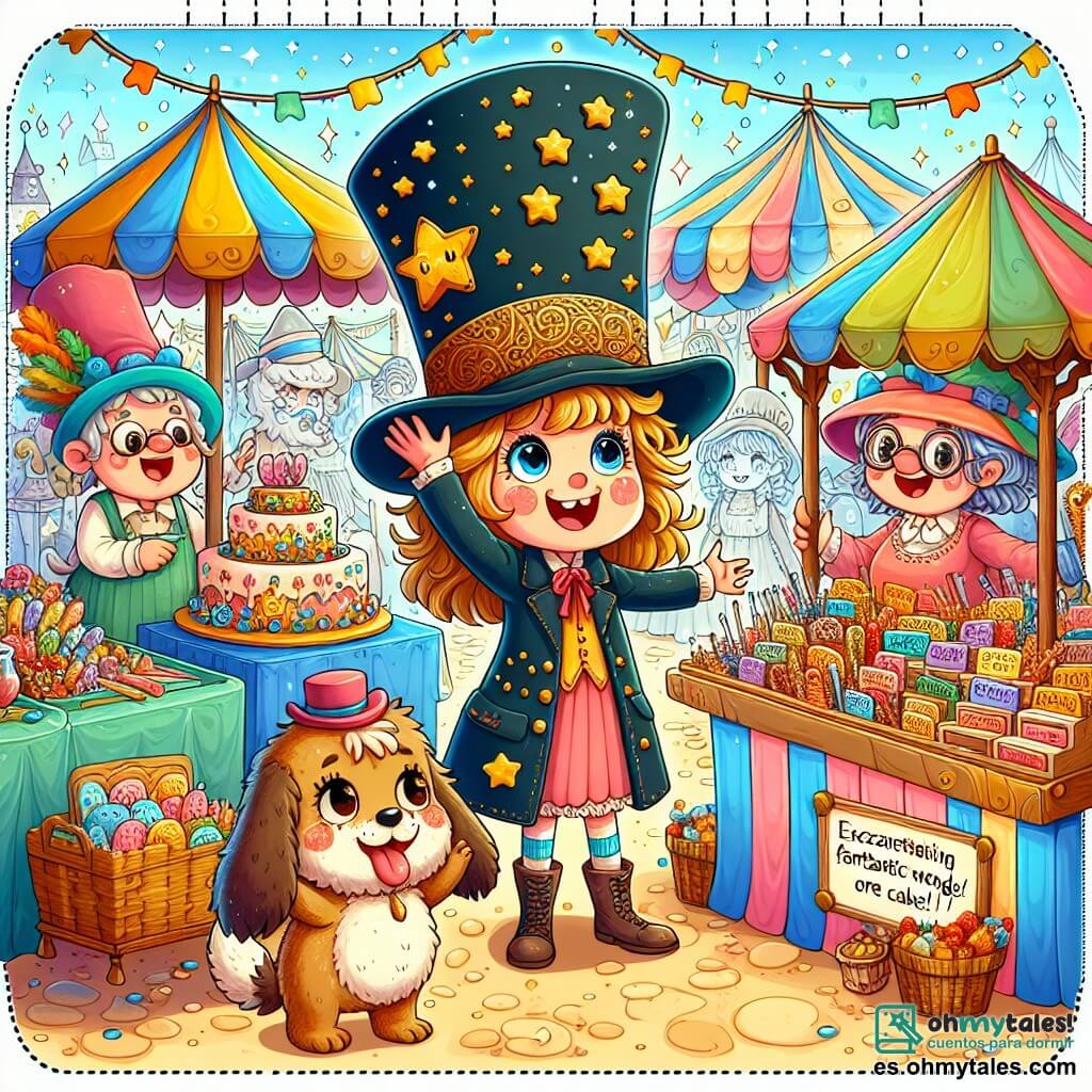 Une illustration sous forme de dessin destinée aux enfants représentant un charmant marché enchanté, rempli de stands colorés et de produits magiques, où une fille de 9 ans aux cheveux en désordre et au sourire espiègle se tient au centre, portant un vieux sombrero de copa orné d'étoiles dorées, tandis qu'à ses côtés, un petit chien regordet aux oreilles tombantes, avec une expression joyeuse, lui demande des gâteaux, alors qu'autour d'eux, des vendeurs excentriques et des enfants émerveillés découvrent des merveilles fantastiques, créant une atmosphère de magie et de rires.