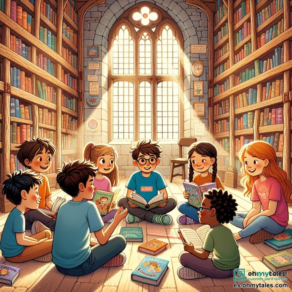 Ilustración que representa una biblioteca antigua, con grandes estanterías de madera llenas de libros coloridos, rayos de luz filtrándose a través de ventanas polvorientas y cojines mullidos esparcidos por el suelo. En el centro, un grupo de cinco niños, tres chicos y dos chicas, sentados en círculo. El primer chico, de unos 12 años, tiene el cabello castaño desordenado y lleva una camiseta azul. Está leyendo un libro con una expresión concentrada. A su lado, una niña de 11 años, con trenzas rubias, sonríe mientras sostiene un libro ilustrado sobre la comunicación. Otro chico, también de 12 años, con gafas y cabello negro, toma notas con un lápiz. La cuarta niña, de 10 años con coletas, observa atentamente a su amigo que habla, mientras que el último chico, en silla de ruedas, sonríe ampliamente y escucha con entusiasmo. La escena muestra un momento de compartir y aprender, donde los niños discuten alegremente las historias que han leído, rodeados de libros y juegos de mesa, ilustrando la importancia de la comunicación en las familias. Carteles coloridos en las paredes fomentan la lectura y la escucha, añadiendo una atmósfera cálida y acogedora en general.