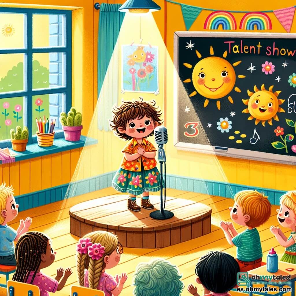 Ilustración que representa una escena colorida en un aula luminosa, con paredes pintadas de amarillo y ventanas que dejan entrar la luz del sol. En el centro, una gran pizarra donde la maestra ha escrito "Espectáculo de Talentos" en letras coloridas. Un niño de tres años, con el cabello castaño desordenado y ojos brillantes, está en un pequeño escenario de madera, con un micrófono en la mano, sonriendo tímidamente pero con determinación. A su lado, una niña de su edad, con largas trenzas rubias y un vestido de flores, lo anima con una gran sonrisa, levantando las manos para aplaudir. La situación principal muestra al niño cantando una canción sobre el sol, mientras sus compañeros de clase, sentados en sillas coloridas, lo escuchan con admiración, algunos levantando las manos para aplaudir. En el fondo, dibujos de niños decoran las paredes, representando soles y arcoíris, simbolizando la creatividad y la confianza en uno mismo.