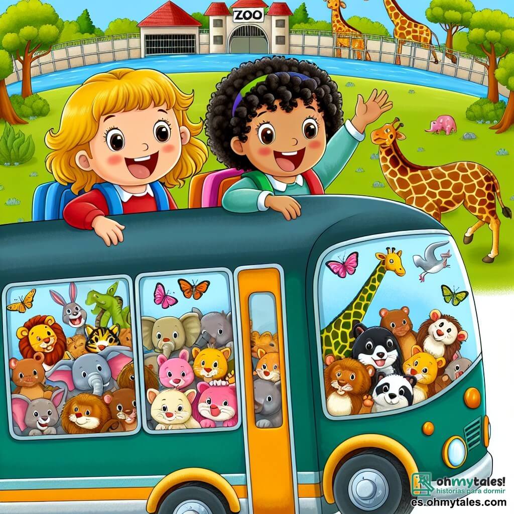 Une illustration destinée aux enfants représentant une petite fille curieuse et excitée par une excursion scolaire au zoo, accompagnée de sa meilleure amie, une autre petite fille aux cheveux bouclés, dans un bus coloré rempli de joyeux dessins d'animaux, se dirigeant vers un parc zoologique avec de grands enclos verdoyants et des animaux exotiques.