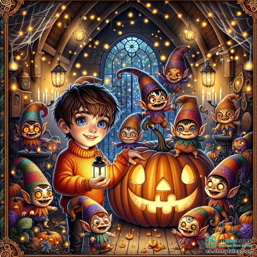 Une illustration sous forme de dessin destinée aux enfants représentant l'intérieur d'une vieille maison mystérieuse décorée pour Halloween, avec un garçon de 11 ans aux cheveux bruns et aux yeux pétillants, portant un pull orange et tenant un candil brillant, entouré de duendes espiègles aux chapeaux colorés et aux visages souriants, tous en train de danser joyeusement autour d'une grande calabasse illuminée, tandis que des lumières scintillantes et des toiles d'araignée ajoutent une ambiance festive et magique à la scène.