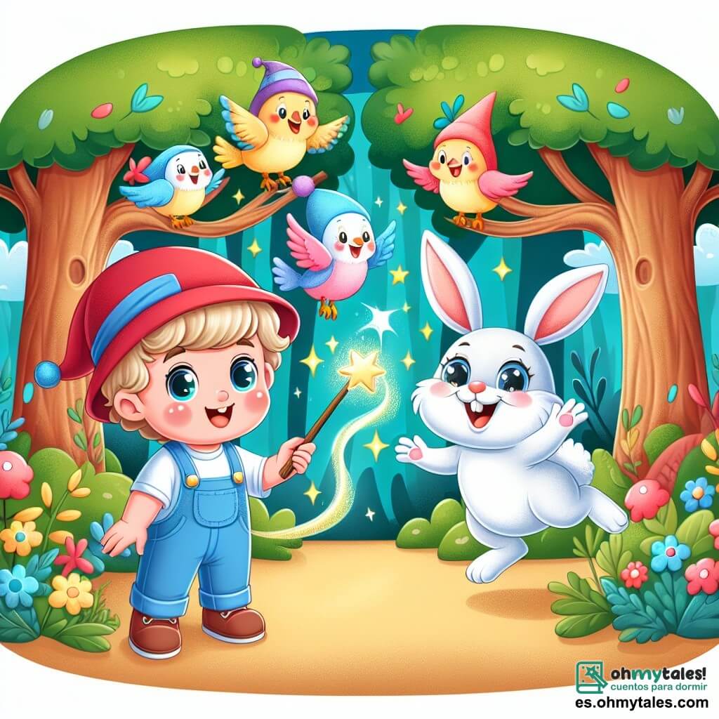 Une illustration sous forme de dessin destinée aux enfants représentant une forêt enchantée aux arbres dansants et aux couleurs vives, où un garçon de 1 an, avec une adorable gorra rouge et une petite chemise bleue, agite une varita magique scintillante, tandis qu'un joyeux lapin aux grandes oreilles blanches et aux yeux pétillants le regarde en riant, et des oiseaux colorés chantent des blagues autour d'eux, créant une atmosphère de magie et de rires.