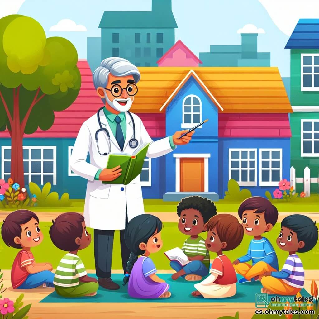 Une illustration destinée aux enfants représentant un médecin aimable et cariñoso partageant ses connaissances avec des enfants curieux dans un petit village coloré appelé Villa Feliz.