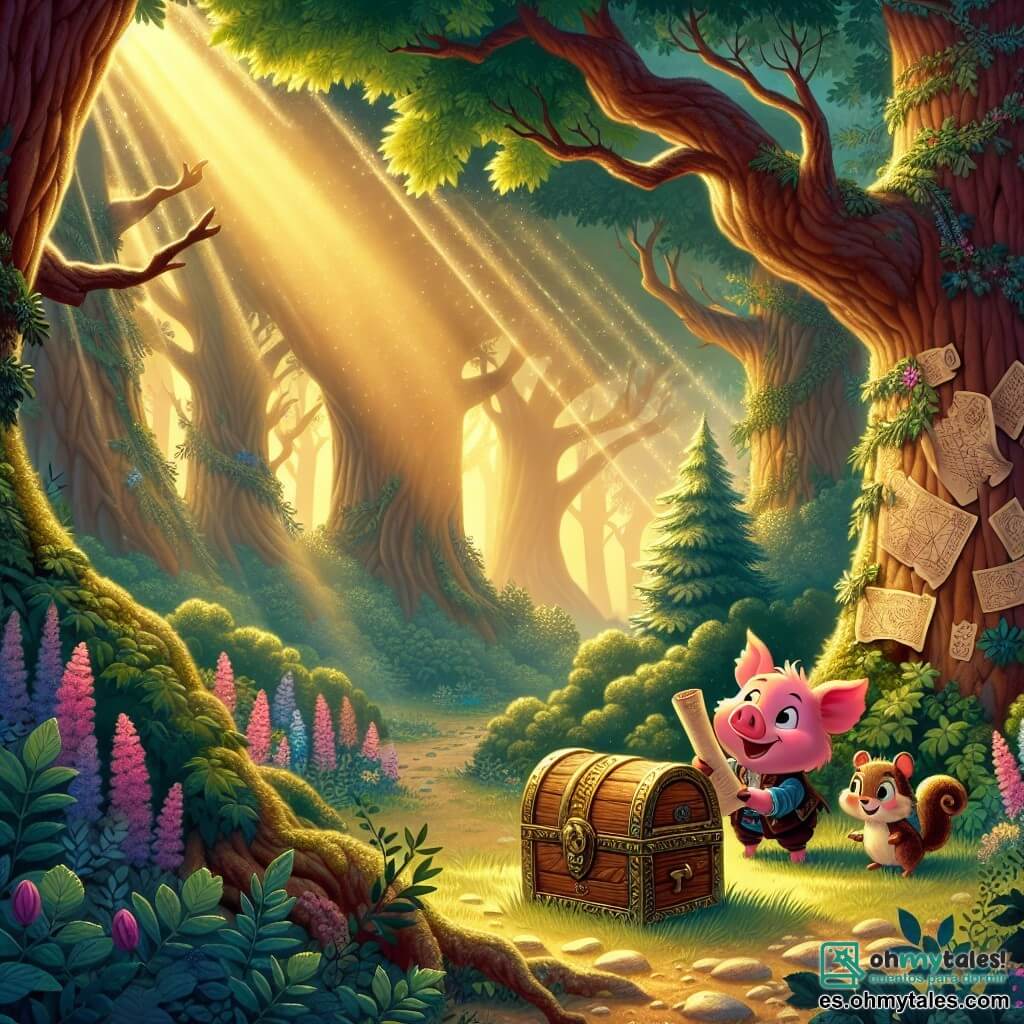 Ilustración que representa un claro de bosque encantado, bañado por la luz dorada del sol poniente, donde árboles majestuosos con troncos gruesos y hojas verdes forman un marco natural. En el centro de la escena, un pequeño cerdito de pelaje rosa brillante, con ojos chispeantes de curiosidad, se sostiene sobre sus patas traseras, con una sonrisa alegre en el rostro, sosteniendo un viejo rollo de mapa en sus pequeñas patas delanteras. A su lado, una pequeña ardilla de ojos brillantes y pelaje suave y marrón, con una expresión agradecida, lo observa atentamente. Juntos contemplan un misterioso cofre de madera, adornado con piedras de colores, que reposa al pie de un gran roble, rodeado de flores silvestres y rayos de luz que se filtran a través de las ramas. La atmósfera es mágica y llena de aventura, evocando un momento de descubrimiento y amistad en un mundo de fantasía.