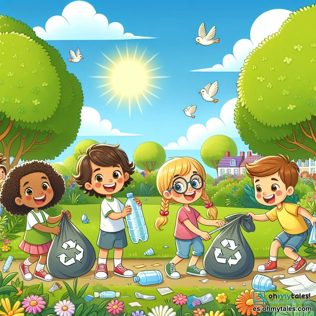 Ilustración que representa un parque soleado, lleno de árboles verdes con hojas brillantes, flores coloridas y un cielo azul claro salpicado de nubes blancas esponjosas. En el centro de la escena, cuatro niños están recogiendo basura. Una niña de tres años, con grandes ojos brillantes y cabello rizado, sonríe alegremente mientras sostiene una gran bolsa de reciclaje. A su lado, un niño de tres años, con cabello castaño y gafas redondas, se arrodilla para recoger una botella de plástico. Otra niña de tres años, con trenzas y una camiseta amarilla, sostiene otra bolsa mientras le muestra un papel a su amigo. Por último, un niño de tres años, con cabello rubio y una sonrisa traviesa, se inclina para recoger un trozo de papel. Todos los niños están concentrados y felices, rodeados de basura que se esfuerzan por recoger para hacer el parque más limpio. En el fondo, los pájaros vuelan en el cielo y otros niños juegan alegremente, creando una atmósfera de camaradería y responsabilidad ecológica.