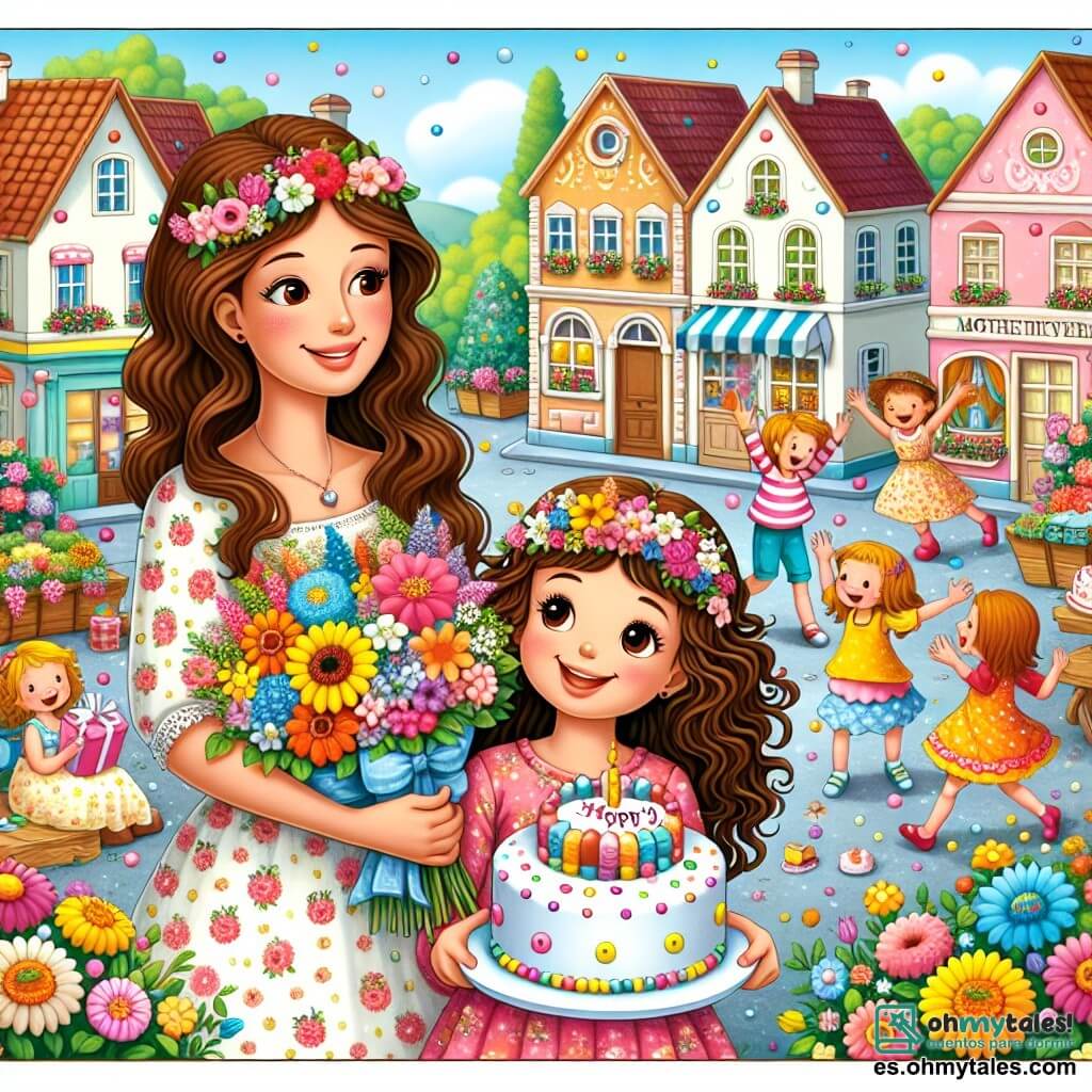 Une illustration sous forme de dessin destinée aux enfants représentant une charmante petite ville colorée avec des maisons aux teintes pastel et des jardins fleuris, où une fille de 9 ans aux cheveux bruns et bouclés, portant une robe à fleurs, tient un bouquet de fleurs éclatantes et un gâteau décoré, entourée de sa maman, une femme souriante aux cheveux longs et châtains, qui l'observe avec amour, tandis qu'en arrière-plan, des enfants jouent joyeusement dans une fête animée pour célébrer la fête des mères, créant une atmosphère festive et chaleureuse.