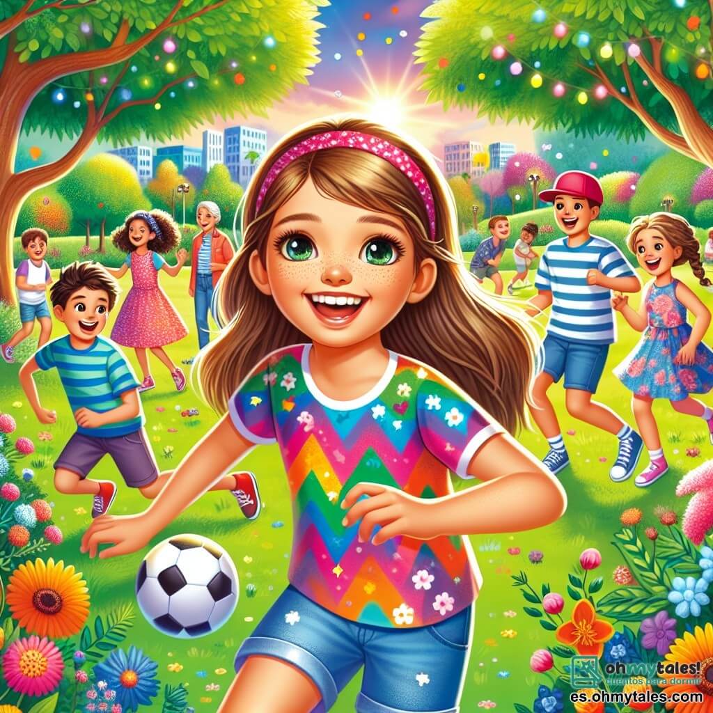 Ilustración que representa un parque vibrante y colorido, lleno de vegetación, con árboles de hojas brillantes y flores multicolores. En el centro, una niña de 11 años, con largos cabellos castaños y ojos chispeantes, sonríe alegremente. Lleva una camiseta de colores y un short de mezclilla. Está jugando con un grupo de niños, corriendo y riendo juntos. Entre ellos, un niño de 10 años, con cabello corto y una gorra, dribla un balón de fútbol, mientras que una niña de 9 años, con trenzas y un vestido de flores, se prepara para lanzar un frisbee. La escena emana una atmósfera de camaradería y alegría, ilustrando un momento de felicidad compartida a pesar de los desafíos de la vida. Al fondo, adultos conversan y sonríen, creando un ambiente cálido y solidario.