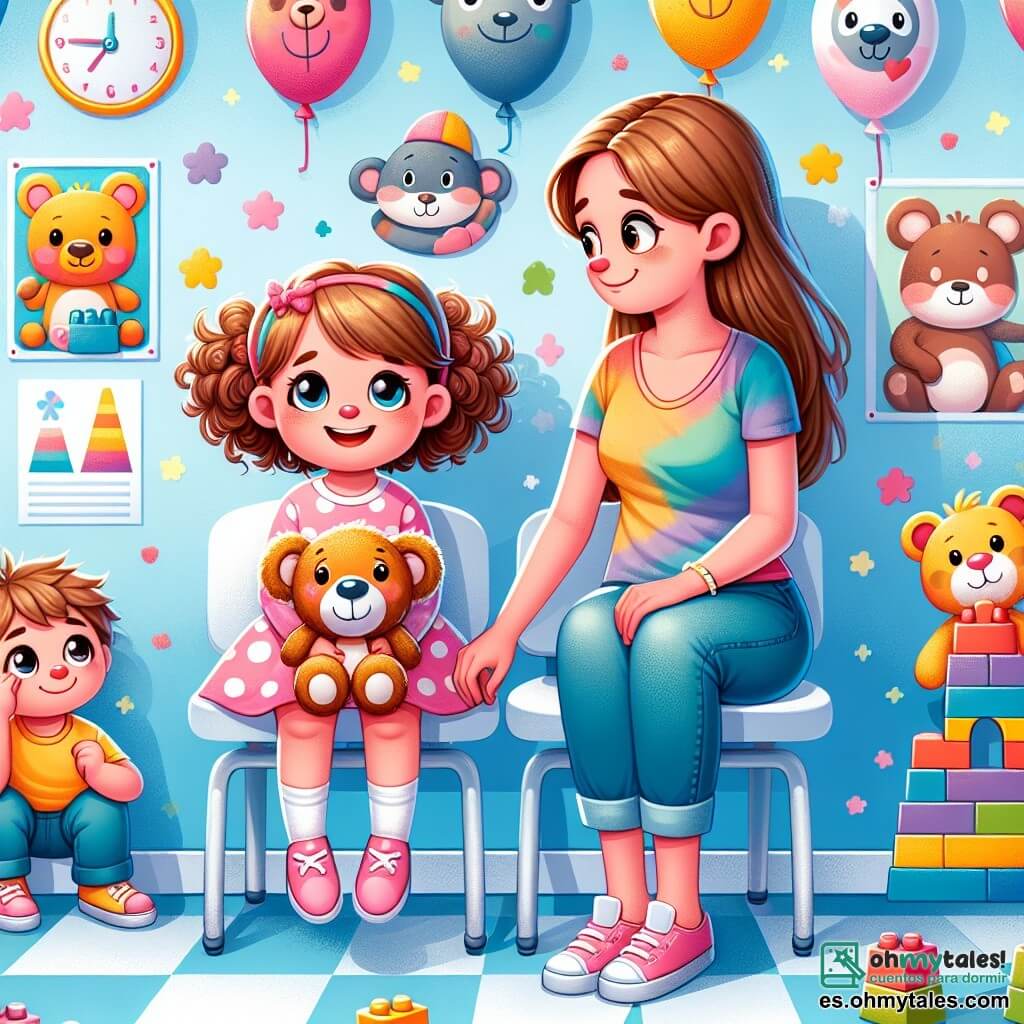 Ilustración que representa una sala de espera luminosa y colorida de un consultorio médico, con paredes pintadas de azul claro y dibujos de animales sonrientes. En el centro, una niña de 3 años, con grandes ojos brillantes y cabello rizado castaño, está sentada en una silla, sosteniendo un oso de peluche en sus brazos. Lleva un vestido rosa con lunares blancos y muestra una sonrisa valiente, a pesar de un ligero fruncido de ceño que indica que está un poco nerviosa. A su lado, una mujer de unos treinta años, con cabello largo y castaño, vestida con una camiseta colorida y jeans, la mira con ternura, sosteniéndole la mano para tranquilizarla. En un rincón de la habitación, un niño de 5 años, con cabello rubio y camiseta azul, juega con bloques de construcción, creando un castillo colorido. La situación principal muestra a la niña esperando su turno para ver al médico, rodeada de juguetes y dibujos de niños colgados en las paredes, ilustrando un ambiente cálido y acogedor. Globos flotan en el techo, añadiendo un toque festivo, mientras que un reloj colorido indica que el tiempo pasa lentamente. La atmósfera es a la vez alegre y tranquilizadora, capturando la mezcla de emoción y aprensión de la niña.
