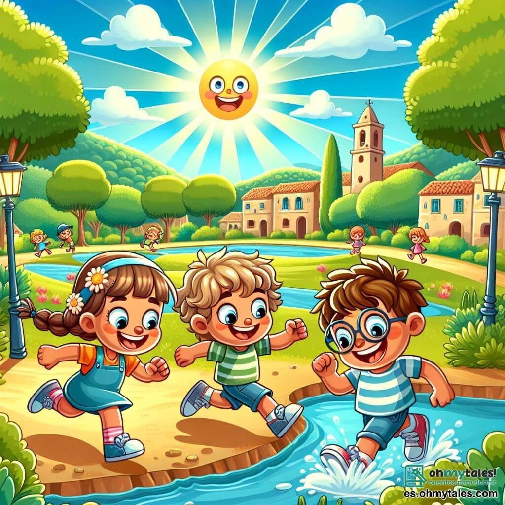 Une illustration sous forme de dessin destinée aux enfants représentant un parc ensoleillé de Villaventura, avec des arbres aux feuilles vertes éclatantes et un ciel bleu parsemé de nuages souriants, où un groupe de trois enfants de 11 ans, un garçon aux cheveux bouclés et au sourire malicieux, une fille avec des lunettes et une coiffure en tresse, et un garçon grand et drôle avec une fleur sur la tête, se préparent à sauter un petit ruisseau en riant, entourés de rires d'autres enfants qui les encouragent, illustrant ainsi le défi amusant et impossible de la Grande Course.