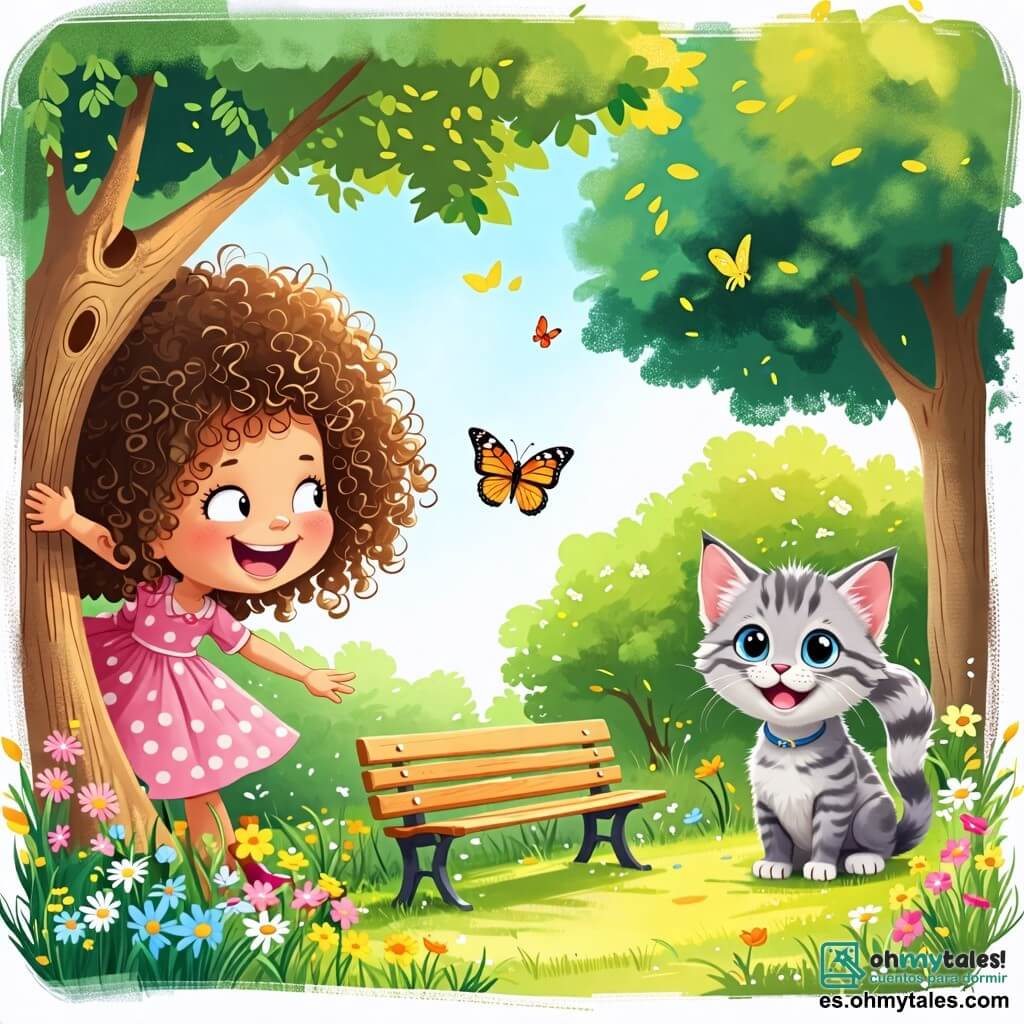 Une illustration sous forme de dessin destinée aux enfants représentant un parc ensoleillé avec des arbres verts et des fleurs colorées, où une petite fille de 2 ans aux cheveux bouclés et aux yeux pétillants, vêtue d'une robe rose, rit joyeusement en jouant à cache-cache derrière un banc, tandis qu'un petit chaton gris aux yeux brillants et à la queue enroulée, se cache derrière un arbre, prêt à surprendre son amie, avec une mariposa colorée voletant autour d'eux, ajoutant une touche magique à cette scène de complicité et de joie.