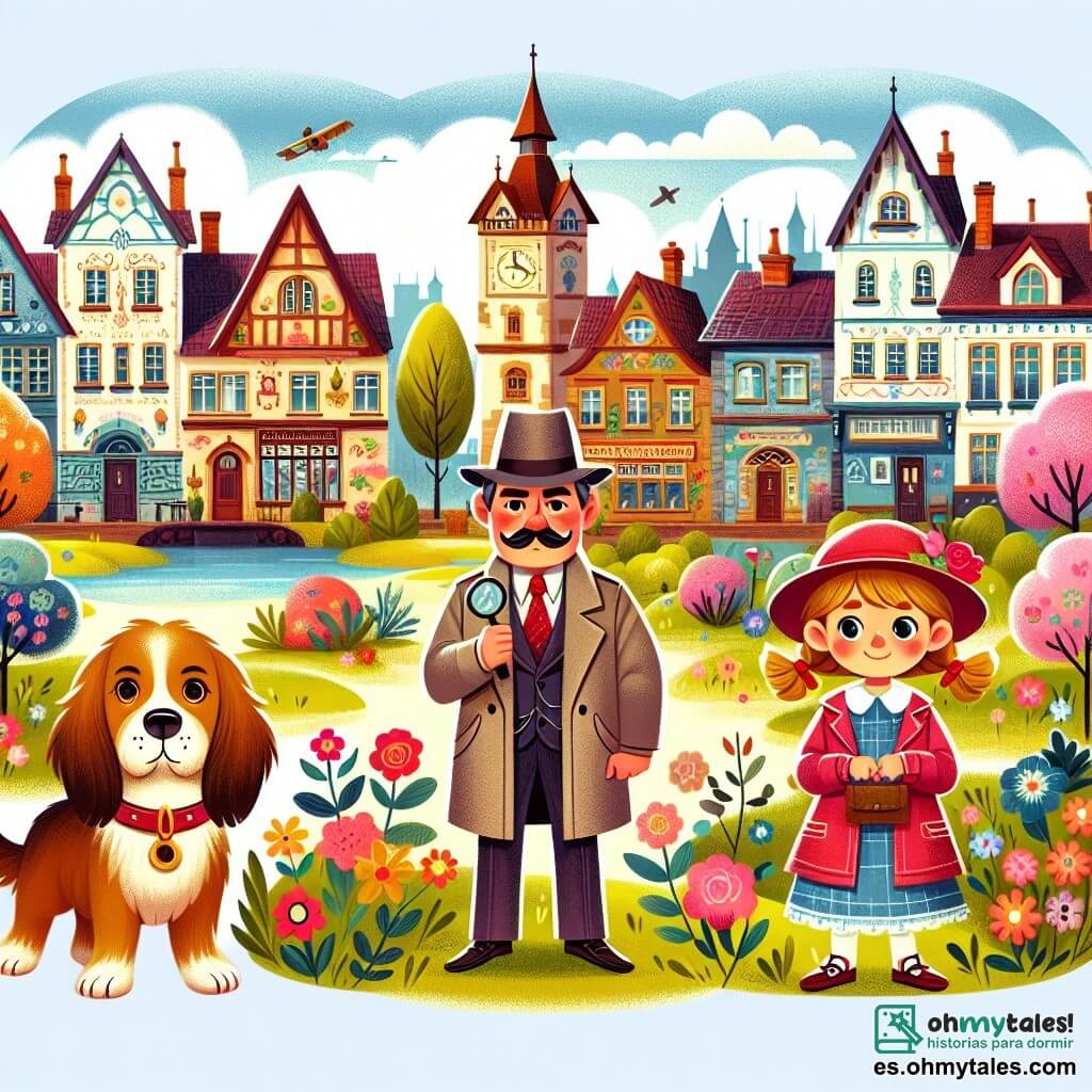 Une illustration destinée aux enfants représentant un homme détective célèbre, une mascotte de chien disparue, une fillette courageuse et un village enchanté avec des maisons colorées et des arbres fleuris.