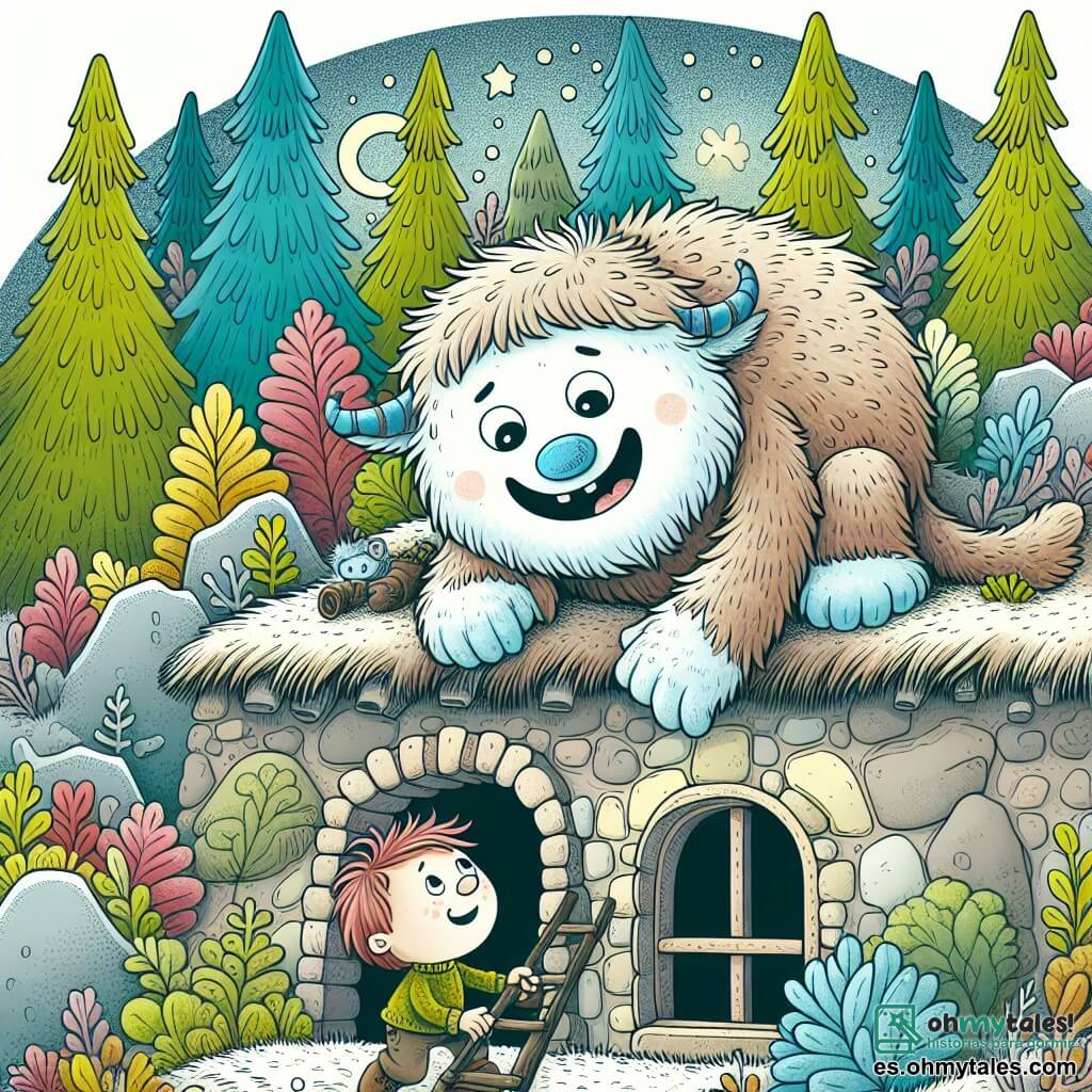 Une illustration destinée aux enfants représentant une créature rigolote et poilue, vivant dans une grotte au cœur d'une forêt enchantée, qui se retrouve dans une situation amusante en aidant un enfant à récupérer son jouet coincé sur le toit.