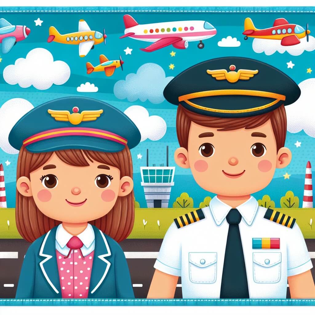 Une illustration destinée aux enfants représentant une jeune femme pilote d'avion, sur le point de réaliser son premier vol, accompagnée par un sympathique capitaine, dans un aéroport coloré avec des avions multicolores et des nuages moelleux dans le ciel bleu.