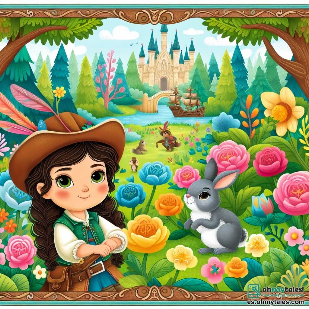 Une illustration destinée aux enfants représentant une petite fille intrépide, un lapin malicieux, et un jardin enchanté rempli de fleurs multicolores et d'arbres majestueux, tous confrontés à des défis impossibles.