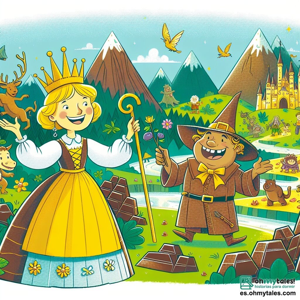 Une illustration destinée aux enfants représentant une princesse pleine de joie, se lançant dans une chasse au trésor avec l'aide d'une adorable sorcière maladroite, dans un royaume enchanté rempli de montagnes de chocolat et d'un bosquet magique où vivent des créatures fantastiques.