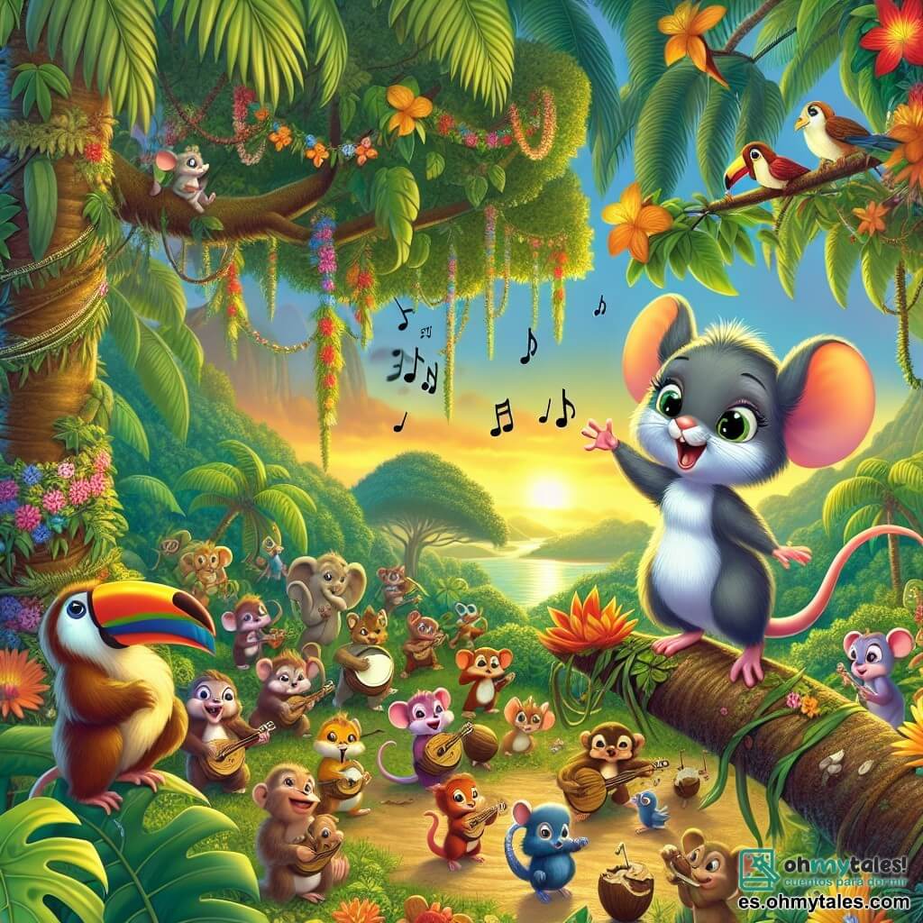 Ilustración que representa un claro de selva vibrante de colores, con árboles majestuosos de hojas verdes brillantes y flores tropicales de tonos vivos. En el centro, un pequeño ratón con grandes orejas, pelaje suave y gris, y ojos chispeantes de emoción, se encuentra en una rama, levantando una pata para dirigir un concierto improvisado. A su alrededor, animales de la selva, como monos de caras traviesas y tucanes coloridos, se mueven tocando instrumentos hechos de cocos y hojas. La escena está llena de risas y música, con notas flotando en el aire, mientras el sol poniente inunda el paisaje de luz dorada. Detalles como guirnaldas de flores suspendidas y animales bailando añaden un toque festivo a esta alegre reunión.