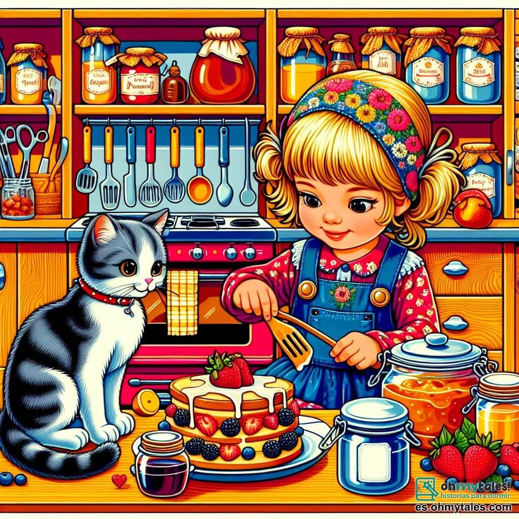 Une illustration destinée aux enfants représentant une petite fille préparant un délicieux petit-déjeuner pour son papa, avec l'aide complice de son chat gris et blanc, dans une cuisine colorée et chaleureuse avec des ustensiles brillants et des pots de confiture sur les étagères en bois.