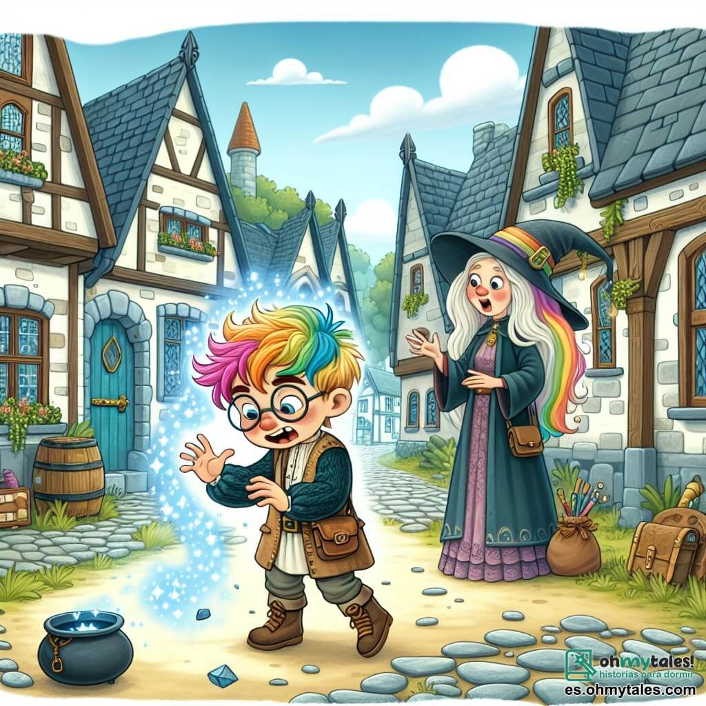 Une illustration destinée aux enfants représentant un jeune apprenti sorcier lançant maladroitement des sorts dans un village pittoresque aux rues pavées et aux maisons aux toits pointus, sous le regard amusé d'une hechicera excentrique aux cheveux arc-en-ciel.