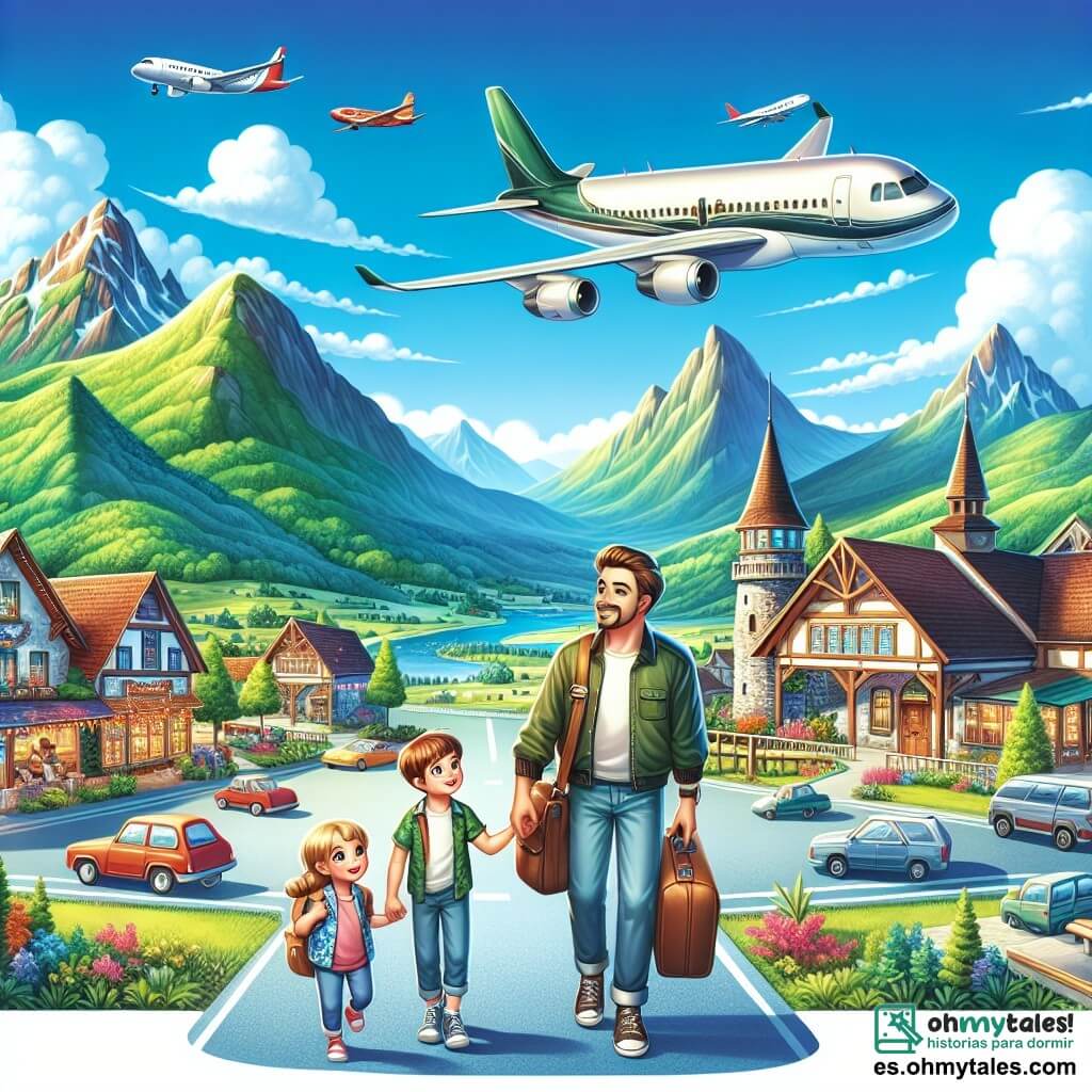 Une illustration destinée aux enfants représentant un homme passionné par les avions, accompagné de deux enfants curieux, vivant des aventures dans un petit aéroport entouré de montagnes verdoyantes et un ciel bleu azur.