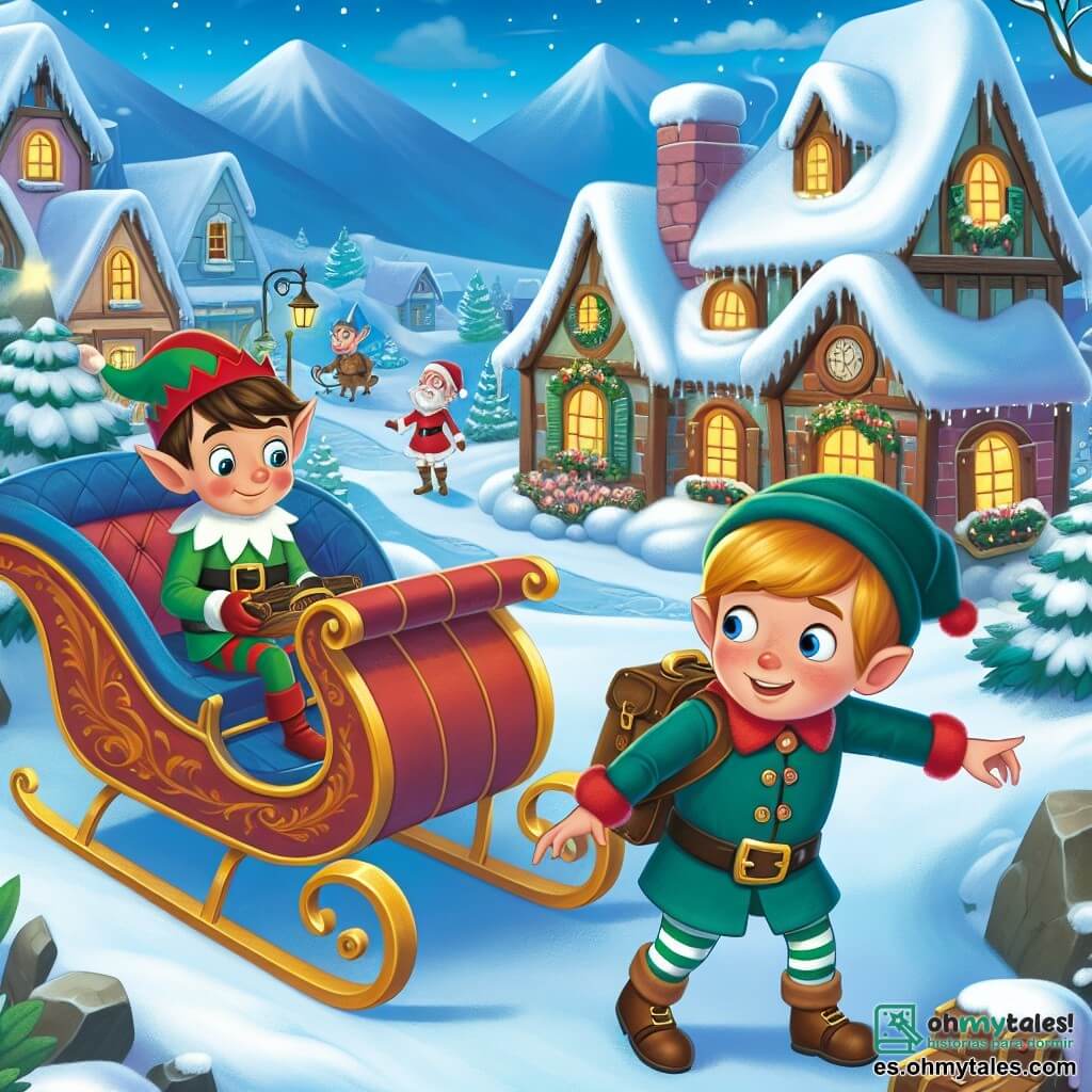 Une illustration destinée aux enfants représentant un garçon curieux découvrant un trineo magique abandonné, accompagné d'un elfe joyeux, dans le village enneigé de Villa Navidad.