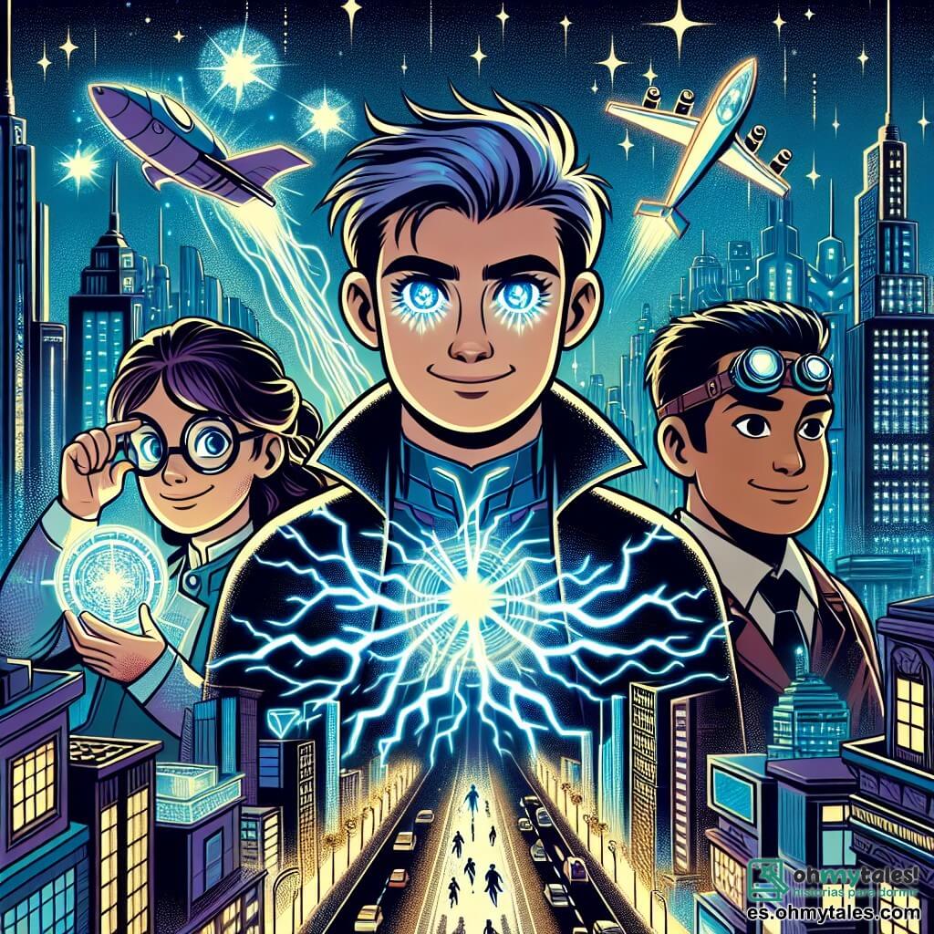 Une illustration destinée aux enfants représentant un jeune homme aux yeux brillants comme des étoiles, doté de pouvoirs électriques, accompagné de ses fidèles amis, une inventrice astucieuse et un pilote courageux, combattant des méchants dans la ville futuriste de Nova City, avec ses rues illuminées par des néons scintillants et ses gratte-ciel s'élevant vers le ciel étoilé.