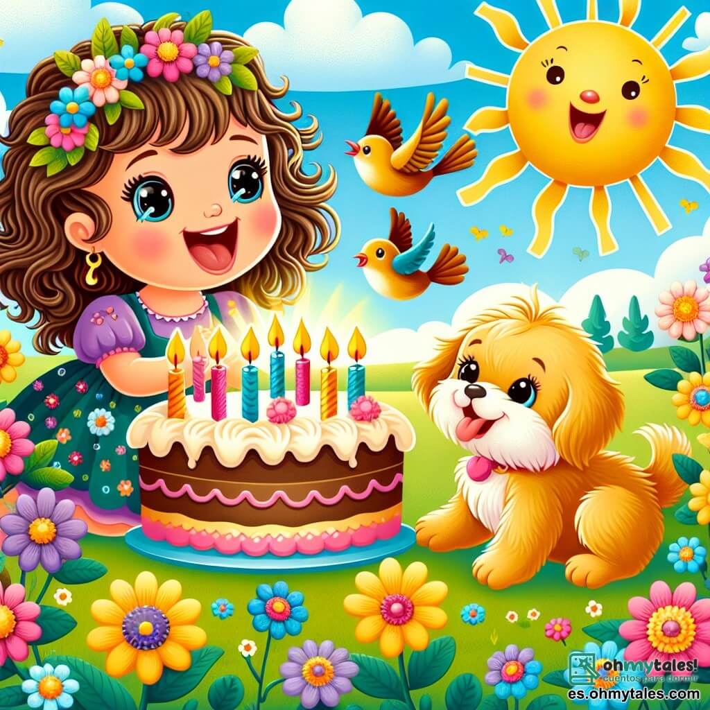 Une illustration sous forme de dessin destinée aux enfants représentant un jardin ensoleillé rempli de fleurs colorées, où une petite fille de 1 an aux cheveux bouclés et aux yeux pétillants, souriante, souffle sur des bougies d'un gâteau au chocolat décoré de crème, entourée de son joyeux petit chien aux poils dorés qui remue la queue, tandis qu'un oiseau aux plumes vives chante sur une branche, créant une atmosphère festive et joyeuse pour célébrer un anniversaire.