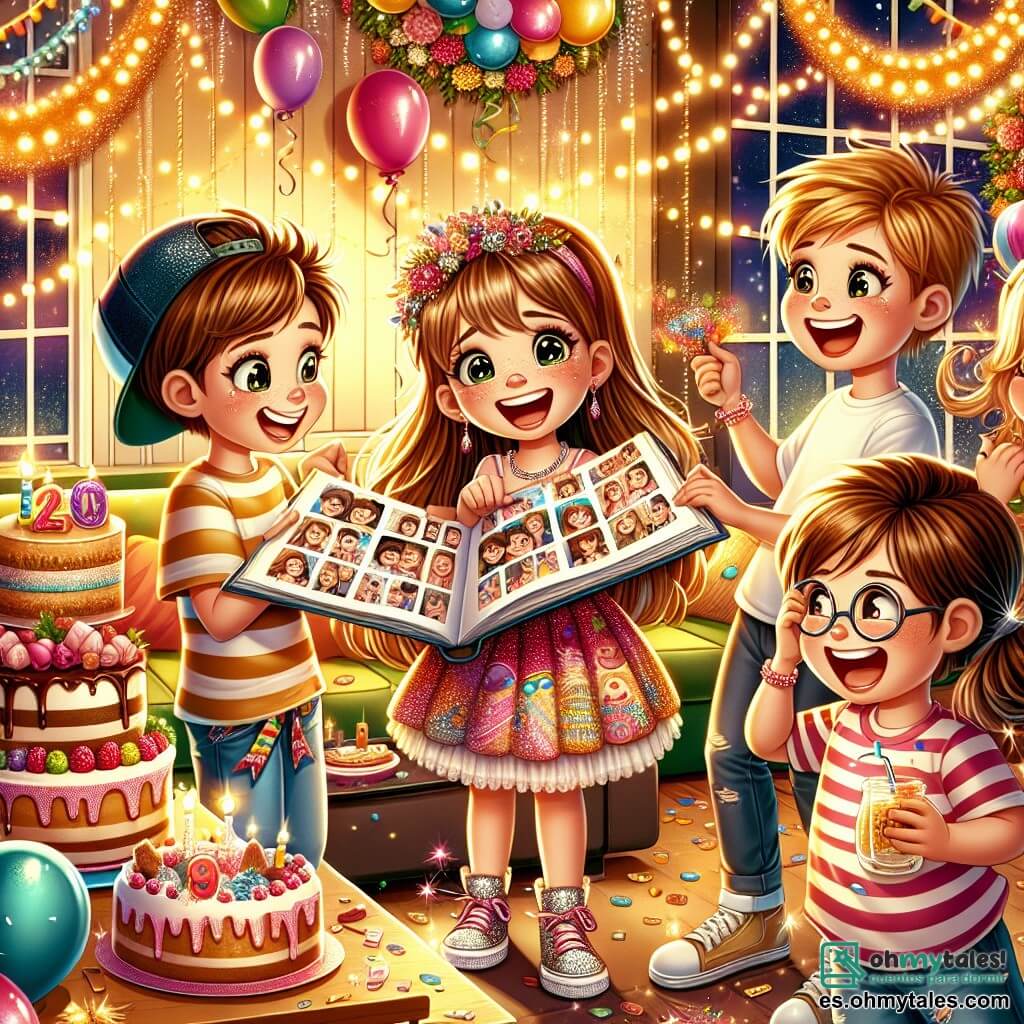 Ilustración que representa una sala de estar cálida y festiva, decorada con guirnaldas coloridas y globos brillantes. Las paredes están adornadas con luces centelleantes que crean un ambiente mágico, mientras que una gran mesa está llena de deliciosos pasteles y bebidas espumosas. En el centro de la imagen, una niña de 11 años, con largos cabellos castaños y ojos brillantes de alegría, ríe mientras sostiene un gran álbum de fotos. Lleva un vestido colorido con motivos alegres y zapatos brillantes. Su radiante sonrisa refleja la emoción de la fiesta. A su lado, un niño de 13 años, con cabello castaño y una gorra al revés, señala una foto en el álbum, riendo con entusiasmo. Lleva una camiseta a rayas y jeans casuales. En el fondo, otros dos niños, una niña de 12 años con trenzas y un niño de 11 años con gafas, preparan confeti para la cuenta regresiva de Año Nuevo, añadiendo dinamismo a la escena. La situación principal muestra la emoción y alegría de los niños mientras se reúnen para celebrar el Año Nuevo, rodeados de recuerdos y risas, listos para vivir nuevas aventuras juntos. Fuegos artificiales coloridos iluminan el cielo a través de la ventana, simbolizando el comienzo de un nuevo año lleno de promesas.
