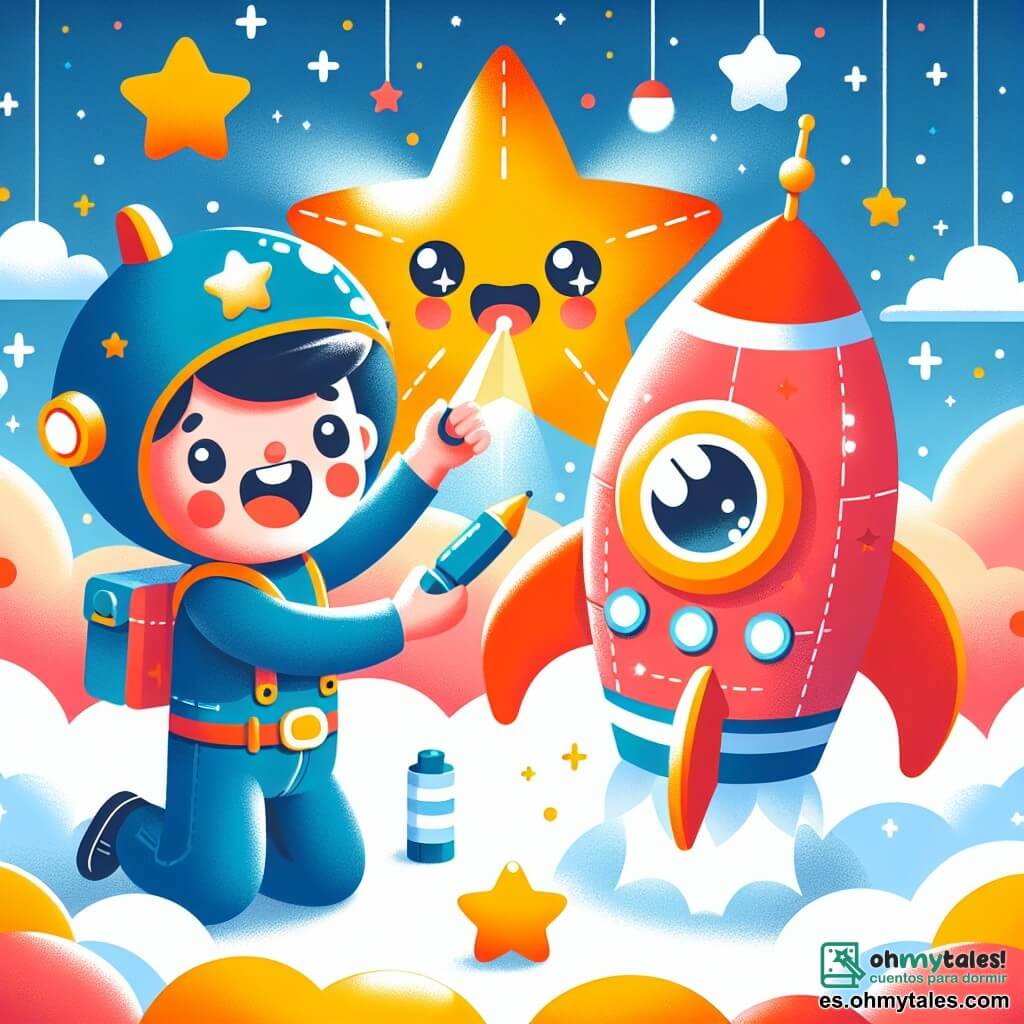 Une illustration sous forme de dessin destinée aux enfants représentant un ciel étoilé rempli de couleurs vives, avec un homme souriant portant un grand chapeau bleu et travaillant sur un coquet cohete rouge aux ailes larges, tandis qu'une petite étoile brillante, avec des yeux pétillants, flotte joyeusement à ses côtés, et un robot aux formes arrondies et métalliques, avec des lumières clignotantes, l'encourage en levant un bras, le tout capturant l'excitation et l'émerveillement d'un voyage spatial imminent.