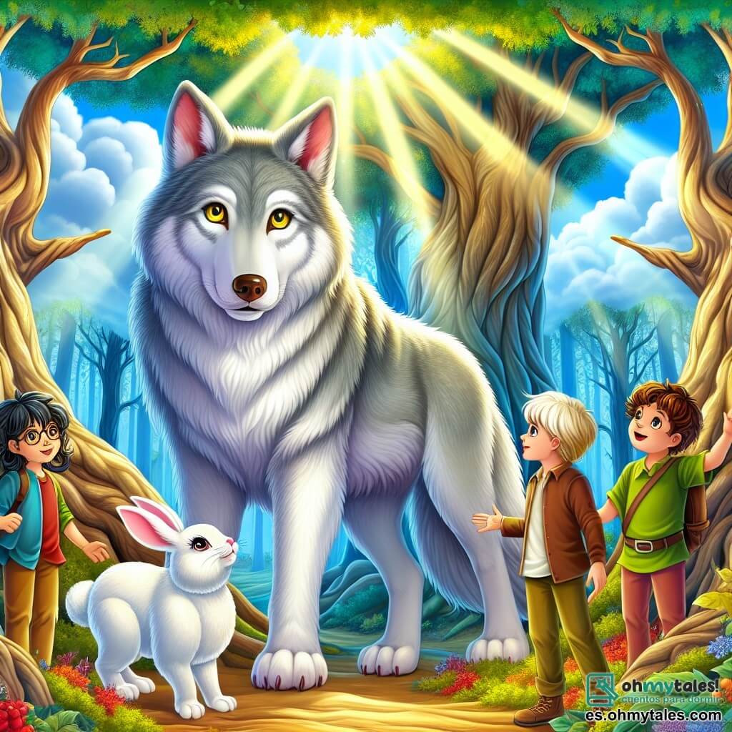 Ilustración que representa una escena mágica en un bosque encantado, donde grandes árboles con troncos gruesos y retorcidos se elevan hacia un cielo azul salpicado de nubes esponjosas. Rayos de sol filtran a través del follaje, creando manchas de luz dorada en el suelo cubierto de hojas coloridas. En el centro de la imagen, un lobo majestuoso, de género masculino, con pelaje gris plateado y ojos amarillos brillantes, se encuentra con una expresión a la vez triste y curiosa. A su lado, un pequeño conejo, también masculino, de pelaje blanco y grandes orejas, mira al lobo con una expresión de amistad y confianza. Un grupo de cuatro niños, dos chicos y dos chicas, los rodea. El chico de cabello castaño, de unos 10 años, lleva una lupa y tiene una sonrisa decidida. La chica de cabello rubio, de 9 años, está llena de energía y hace un gesto de ánimo hacia el lobo. El segundo chico, de cabello castaño, de 8 años, es un poco tímido pero mira al lobo con admiración. Finalmente, la segunda chica, con trenzas negras, de 7 años, se acerca con una mirada amistosa. La situación principal muestra el momento en que los niños, con expresiones de alegría y determinación, reciben al lobo, listos para ofrecerle su amistad. En el fondo, flores coloridas y mariposas danzan en el aire, añadiendo un toque de magia a esta escena de reconciliación y amistad.