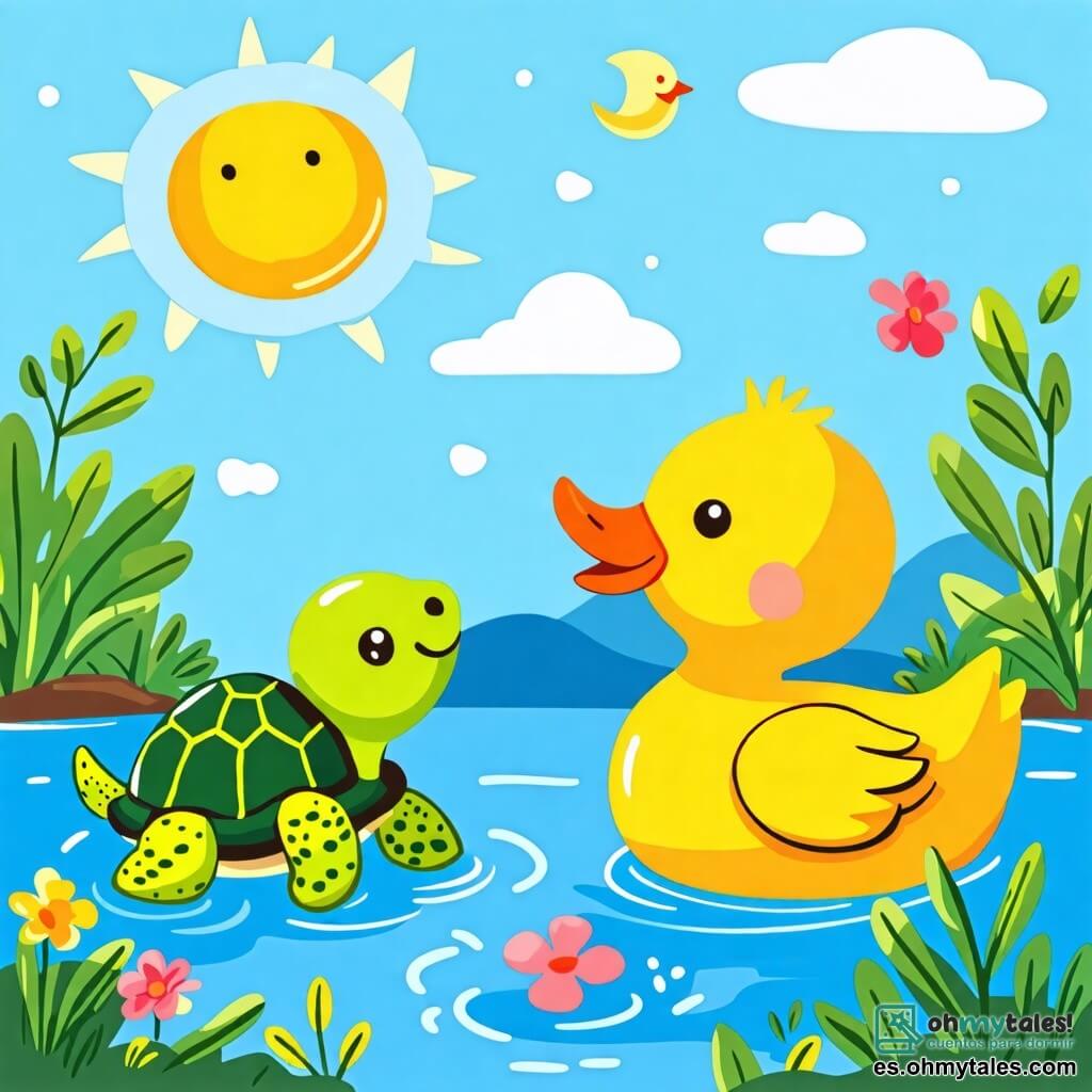 Une illustration sous forme de dessin destinée aux enfants représentant un paisible lac entouré de verdure, avec un canard jaune aux plumes douces, joyeusement en train de nager et de sourire, tandis qu'une tortue verte au caparazón brillant observe depuis le bord, le soleil brillant dans un ciel bleu clair, illustrant leur amitié et le plaisir de jouer ensemble.