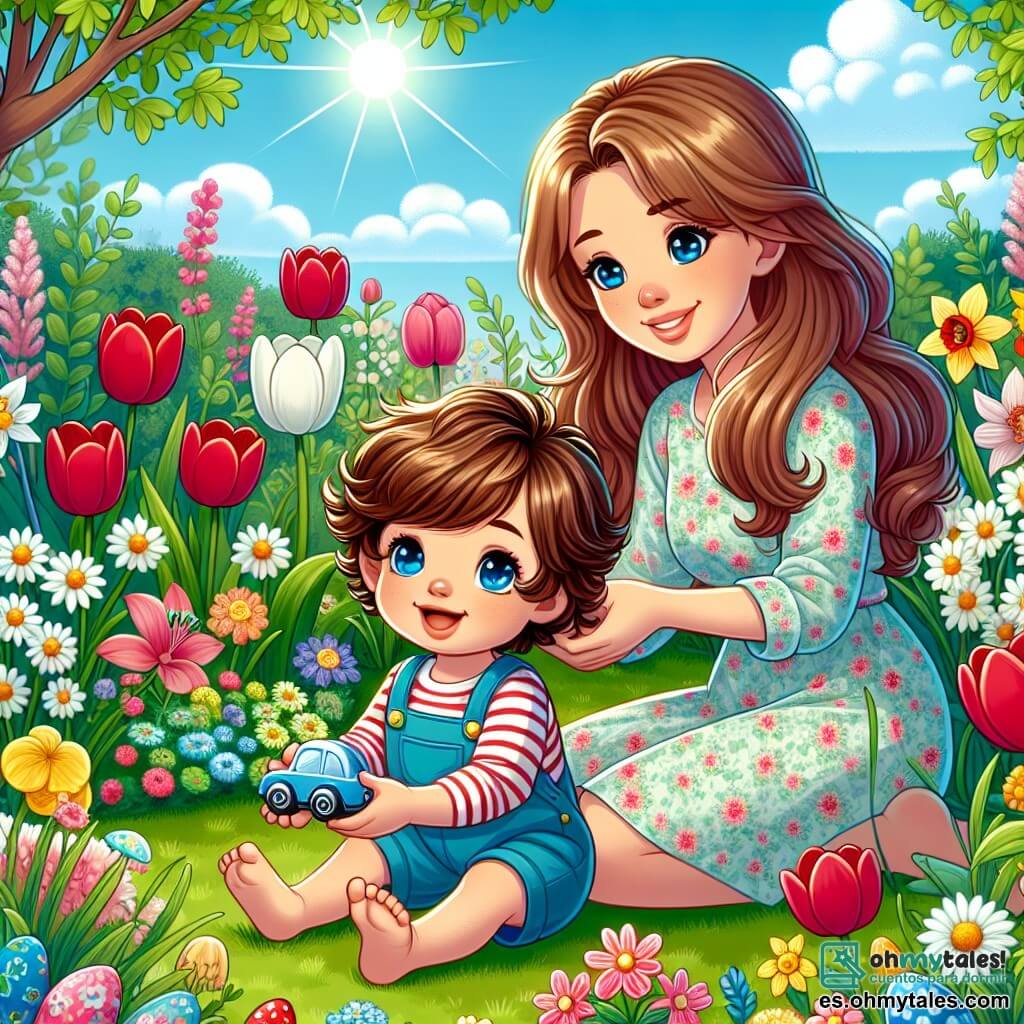 Ilustración que representa un jardín en plena floración en primavera, con flores coloridas de todo tipo: tulipanes rojos, margaritas blancas y narcisos amarillos. El cielo es de un azul brillante, salpicado de algunas nubes blancas y esponjosas, y el sol brilla alegremente, iluminando la escena. En el centro de la imagen, un niño de 1 año, con cabello rizado castaño y grandes ojos brillantes, está agachado en la hierba verde. Lleva un pequeño overol azul y una camiseta a rayas. Con una sonrisa radiante, sostiene un juguete en forma de coche en sus manos, mirando a su alrededor con asombro. A su lado, una mujer de unos 30 años, con cabello largo y castaño, que lleva un vestido ligero con flores, también está agachada. Ella sonríe tiernamente al niño y le muestra una hermosa flor colorida que acaba de recoger, compartiendo con él la magia del jardín. La escena principal muestra al niño descubriendo las maravillas del jardín, rodeado de flores brillantes y mariposas coloridas que vuelan a su alrededor. Elementos gráficos adicionales incluyen mariposas amarillas y mariquitas rojas, que añaden a la atmósfera alegre y primaveral de la escena.