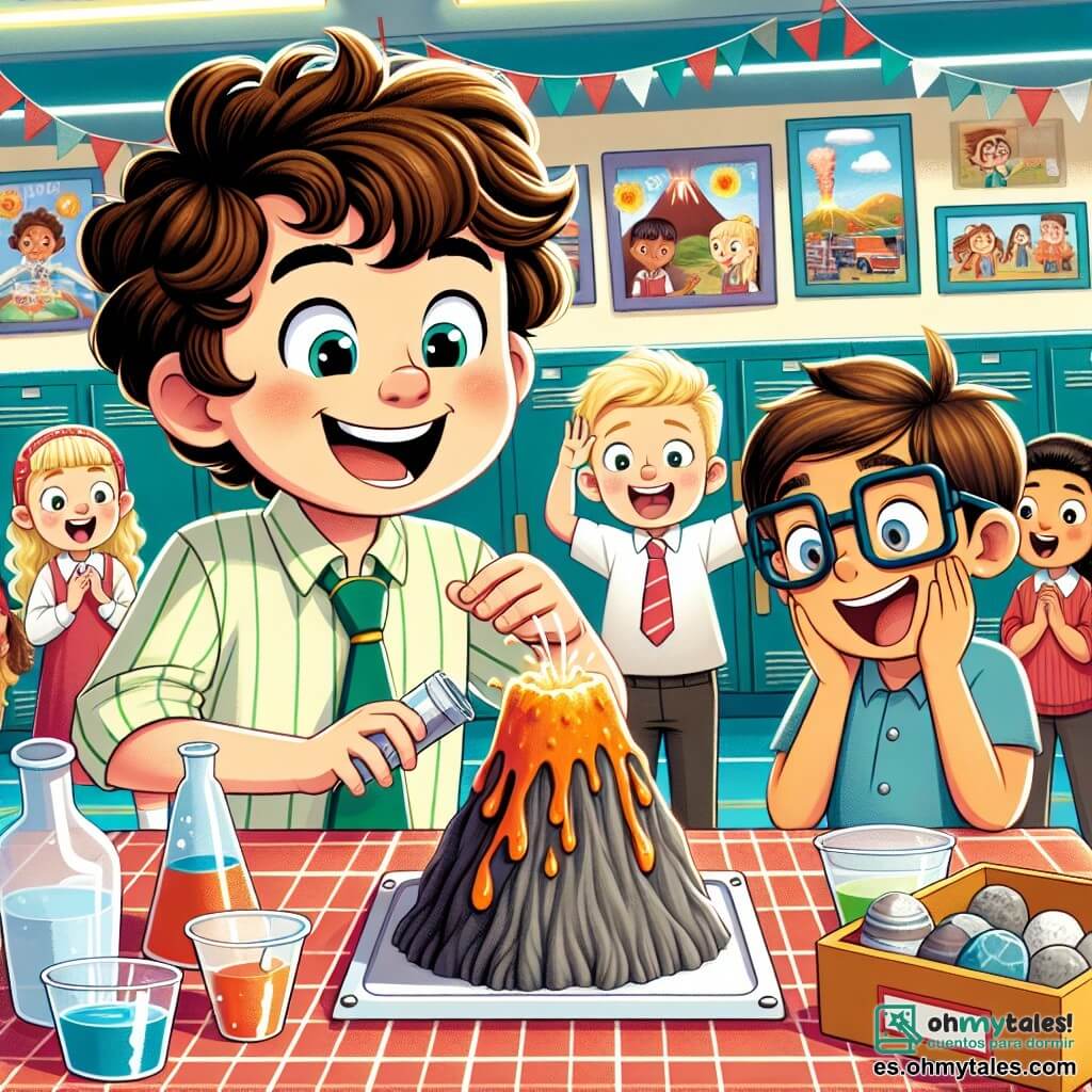 Une illustration sous forme de dessin destinée aux enfants représentant un gymnase scolaire coloré, rempli de projets scientifiques exposés, où un garçon de 9 ans avec des cheveux bouclés et un sourire rayonnant se tient devant un volcan en papier mâché, en train de mélanger des ingrédients pour provoquer une éruption, tandis que son meilleur ami, un garçon aux cheveux bruns et aux lunettes, l'encourage avec des yeux pétillants d'excitation, et des camarades de classe, des garçons et des filles aux visages émerveillés, regardent avec fascination la scène, créant une atmosphère joyeuse et dynamique d'apprentissage et d'amitié.