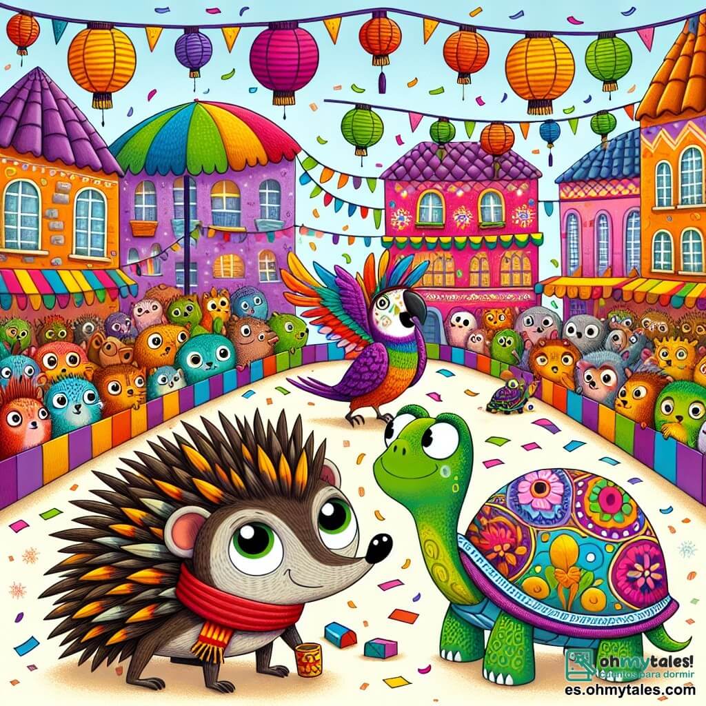 Ilustración que representa un vibrante torneo en una pequeña plaza animada de Faunópolis, rodeada de edificios coloridos y farolillos centelleantes. En el centro, un pequeño erizo con espinas brillantes y coloridas, con grandes ojos chispeantes de emoción, se sostiene sobre sus patas traseras, vestido con un pequeño pañuelo rojo, listo para participar en una carrera cómica. A su lado, un loro de plumas brillantes, con un pico curvado y ojos traviesos, vuela en círculos, animando a su amigo con gestos entusiastas. Una tortuga con una sonrisa amigable, con un caparazón decorado con motivos florales, observa atentamente, lista para dar consejos estratégicos. La escena está llena de risas y aplausos de otros animales espectadores, mientras confeti colorido cae del cielo, añadiendo un toque festivo a esta atmósfera alegre y lúdica.