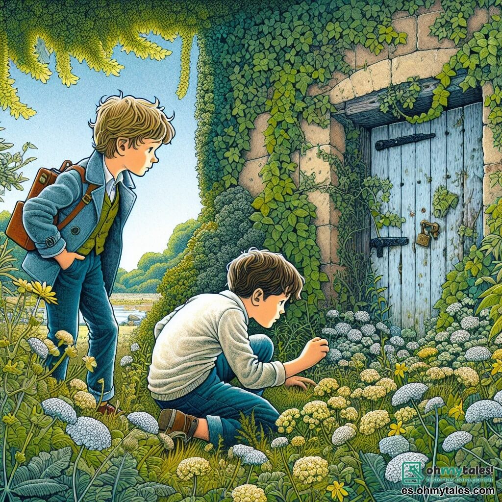 Une illustration destinée aux enfants représentant un petit garçon enquêteur, accompagné de son ami garçon, découvrant une petite porte secrète recouverte de lierre et de fleurs sauvages dans un joli jardin abandonné, situé au fond du parc de la ville d'Arboleda.