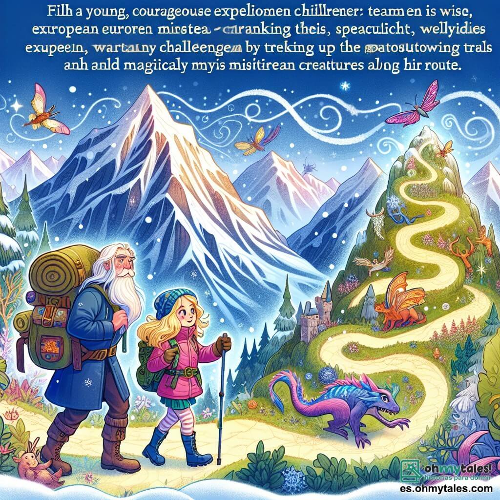 Une illustration destinée aux enfants représentant une jeune exploratrice courageuse, accompagnée d'un sage mentor, escaladant la majestueuse Montaña de los Secretos, une montagne enneigée ornée de mystérieux sentiers sinueux et de créatures magiques.