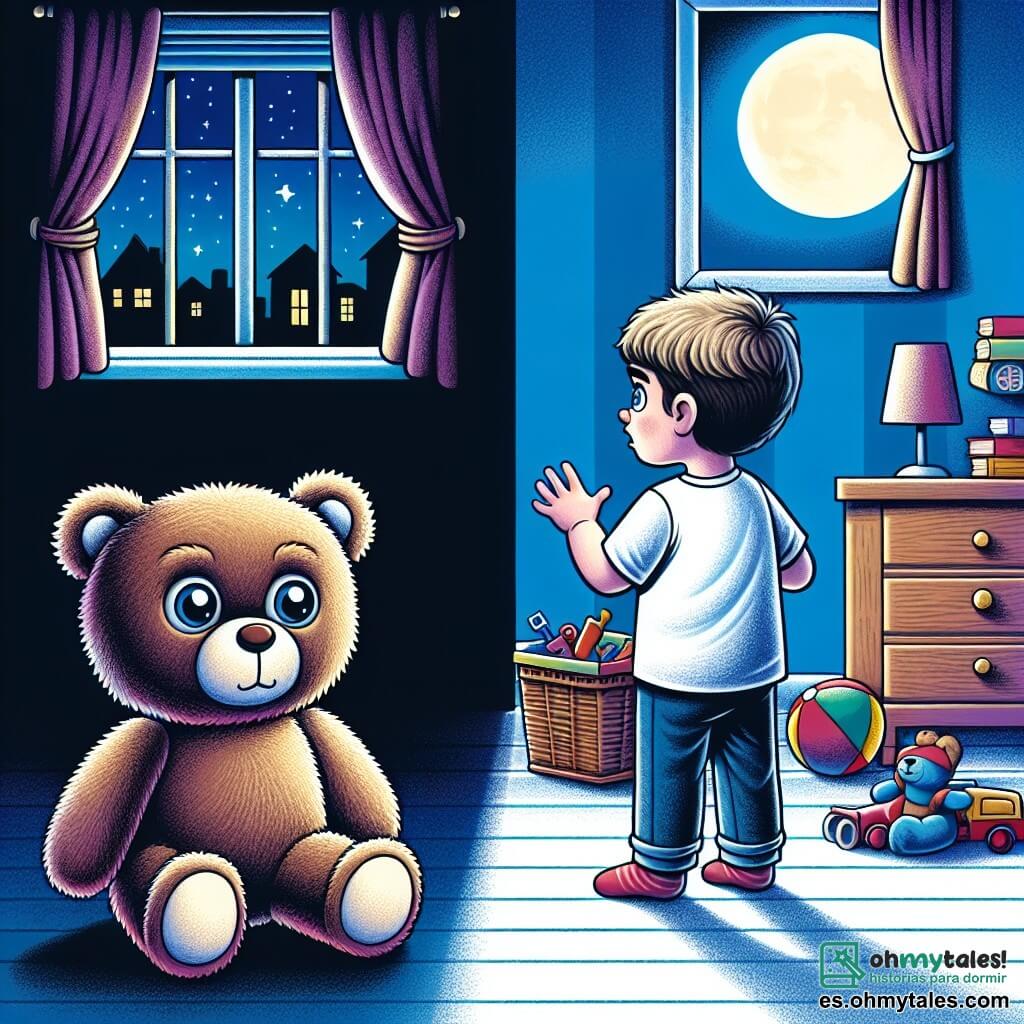 Une illustration destinée aux enfants représentant un jeune garçon, les yeux grands ouverts, confronté à l'obscurité de sa chambre, accompagné de son fidèle ourson en peluche, dans une chambre remplie de jouets colorés et d'une fenêtre laissant passer une douce lumière de lune.