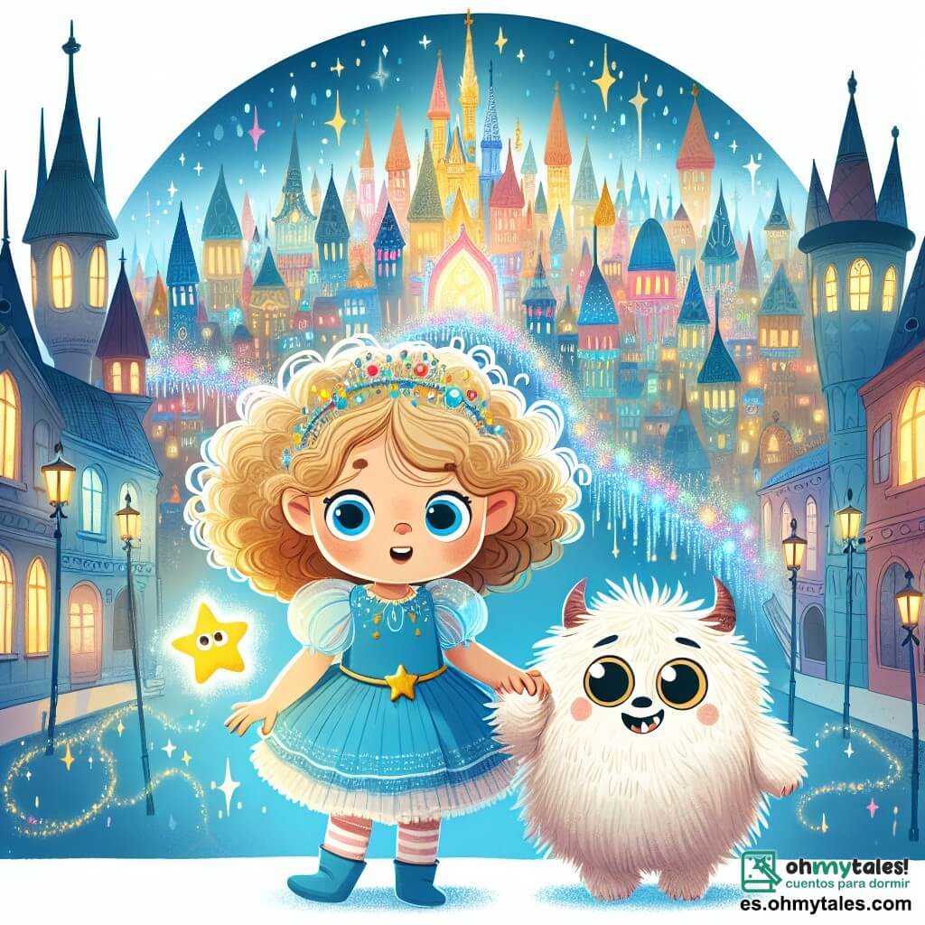 Une illustration sous forme de dessin destinée aux enfants représentant une ville magique aux bâtiments colorés et illuminés, où une fille de 5 ans aux cheveux bouclés et dorés, vêtue d'une robe bleue, se tient courageusement avec un amulet en forme d'étoile dans la main, entourée d'un petit monstre pelucheux aux grands yeux tristes qui lui sourit, alors qu'ils se tiennent devant une barrière lumineuse qui scintille, symbolisant leur mission de protéger la ville des ombres menaçantes.