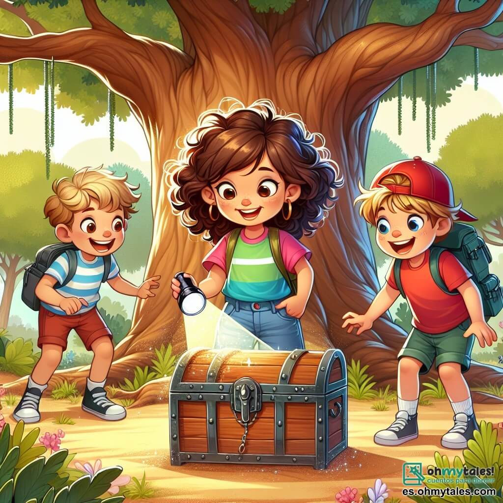Une illustration sous forme de dessin destinée aux enfants représentant un parc ensoleillé avec un grand chêne majestueux au centre, où une fille de 9 ans aux cheveux bruns et bouclés, portant un t-shirt coloré et un short, examine avec curiosité un ancien coffre en bois, entourée de deux amis : un garçon aux cheveux blonds et une casquette rouge qui sourit en tenant une lampe de poche, et une fille aux cheveux lisses et noirs, portant un sac à dos rempli de fournitures d'aventure, tous trois découvrant ensemble un trésor mystérieux tout en partageant des rires et des regards émerveillés.
