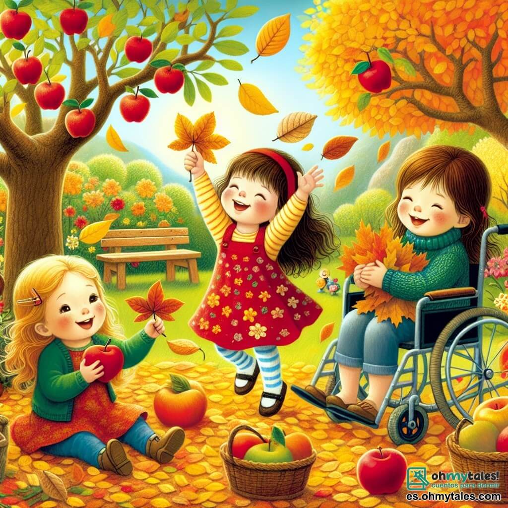 Ilustración que representa un jardín colorido en otoño, con árboles de hojas amarillas, naranjas y rojas, y un suelo cubierto de hojas caídas. En el centro, tres jóvenes amigas están recogiendo hojas: una niña de cabello castaño, de aproximadamente 8 años, con un vestido rojo, sonriente y sosteniendo una hoja amarilla brillante en sus manos; otra niña de cabello rubio, también de 8 años, vestida con un suéter azul, que salta de alegría con una hoja roja en su mano; y una niña de cabello castaño, de aproximadamente 9 años, sentada en una silla de ruedas, con una sonrisa radiante, sosteniendo una hoja marrón en forma de corazón. Al fondo, hay un pequeño manzano plantado, rodeado de hojas y algunas manzanas rojas. La atmósfera es alegre y cálida, llena de risas y amistad, capturando la magia del otoño.