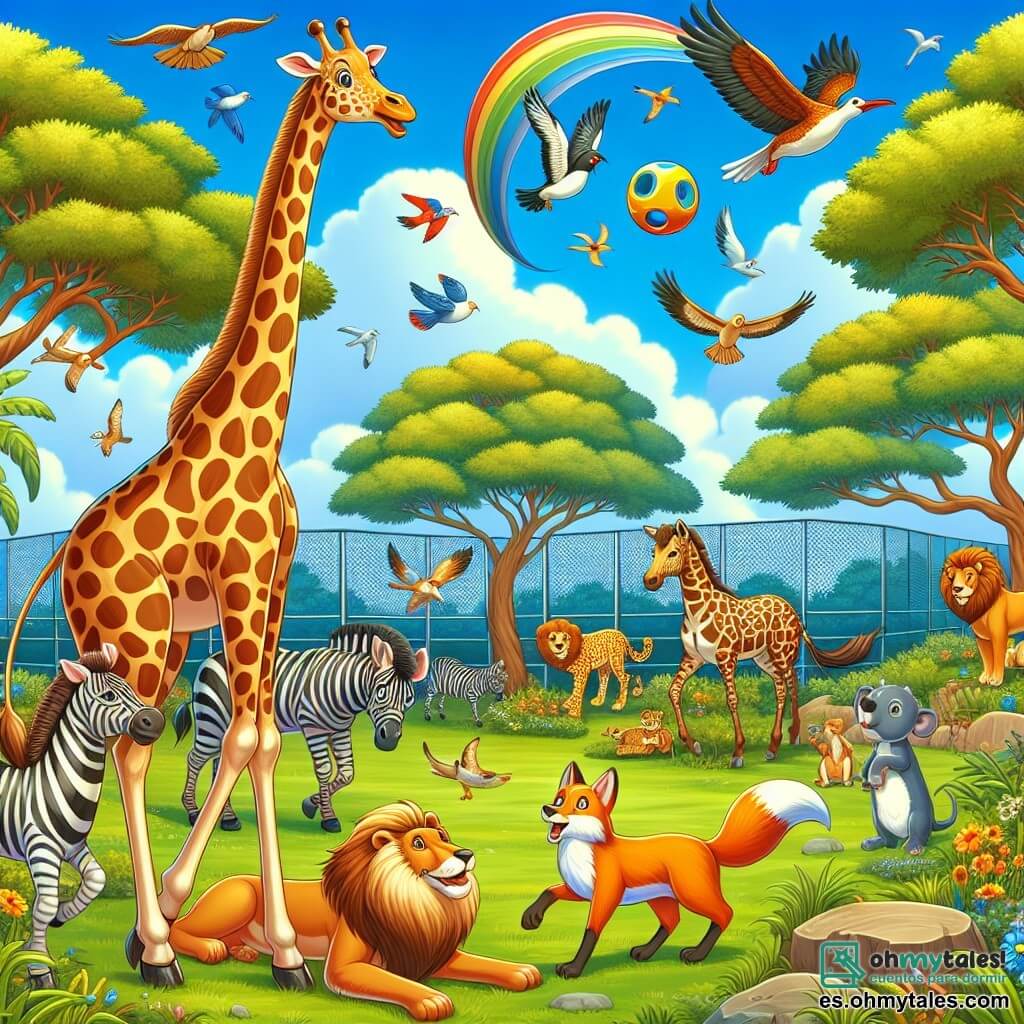 Ilustración que representa un zoológico colorido y animado, con recintos llenos de animales felices y árboles frondosos. En el centro de la imagen, una jirafa de largo cuello, con piel salpicada de manchas doradas y marrones, se inclina para lanzar un disco colorido hacia un grupo de animales. A su lado, una cebra de rayas negras y blancas, saltando de emoción, y un zorro astuto, con pelaje naranja brillante y una cola esponjosa, que observa atentamente el vuelo del disco. Al fondo, leones dormidos en su recinto y aves coloridas volando en el cielo azul. La atmósfera es alegre y lúdica, llena de risas y amistad, mientras los animales se divierten juntos en un momento de pura convivencia.