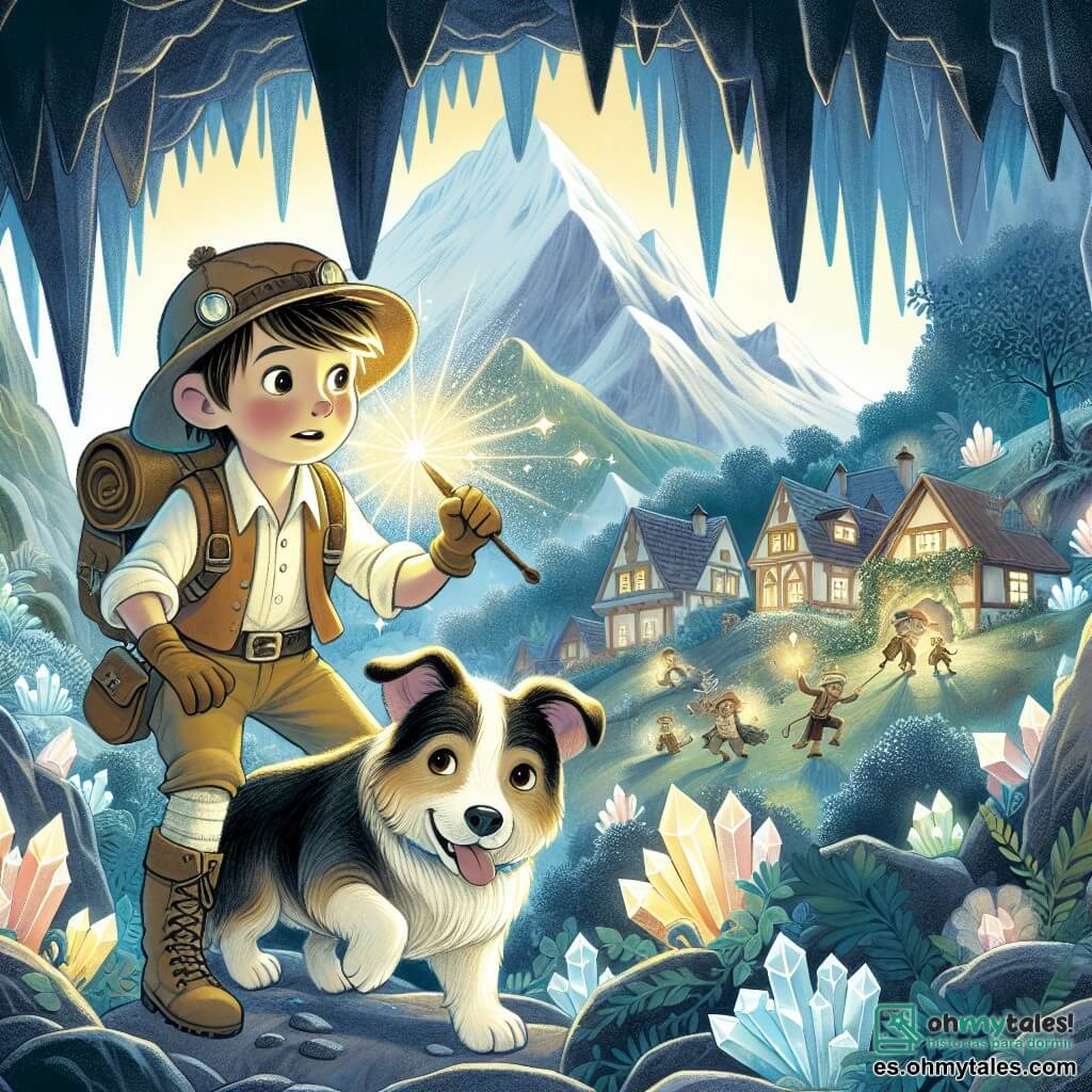 Une illustration destinée aux enfants représentant un jeune explorateur intrépide, accompagné de son fidèle chien Max, découvrant une grotte magique illuminée par des cristaux scintillants, où ils rencontrent des duendes mystérieux, dans un village de montagne enchanteur.