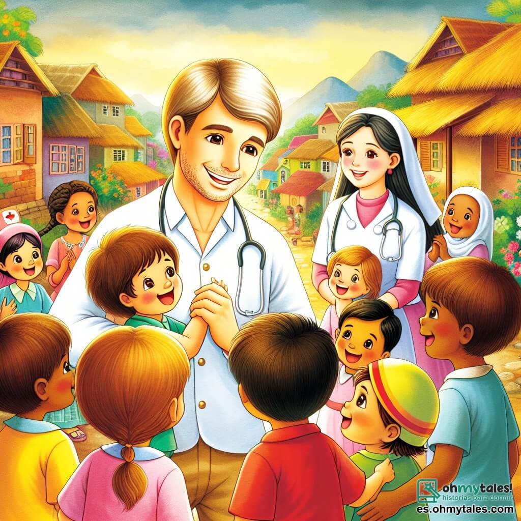 Une illustration destinée aux enfants représentant un homme au grand cœur, entouré d'enfants souriants et d'une infirmière attentionnée, dans un petit village coloré et chaleureux appelé Villa Esperanza.